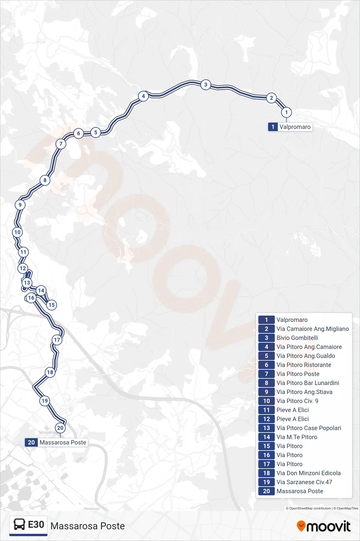 Linea E30 bus (Massarosa Poste) - Percorsi e fermate sulla mappa