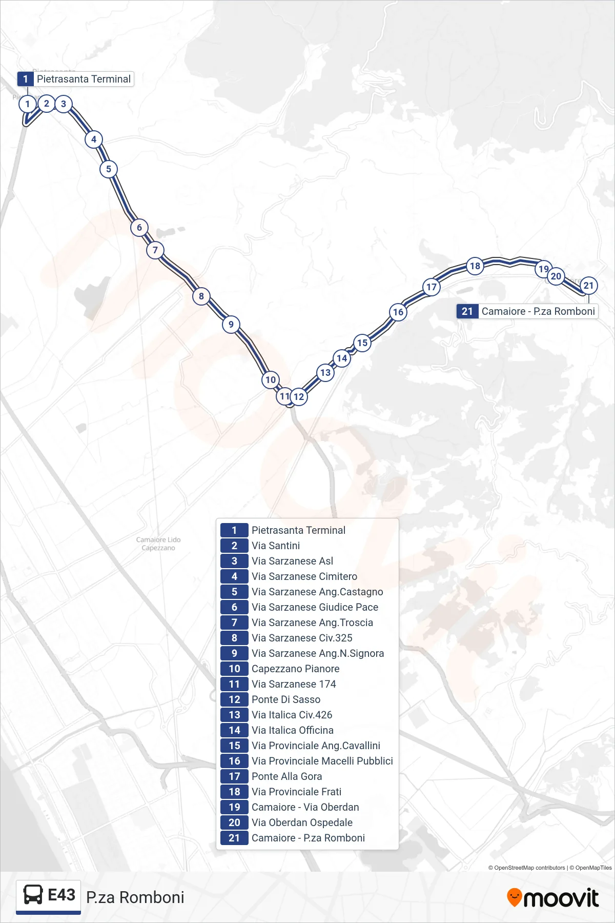 Linea E43  bus (P.za Romboni) - Percorsi e fermate sulla mappa
