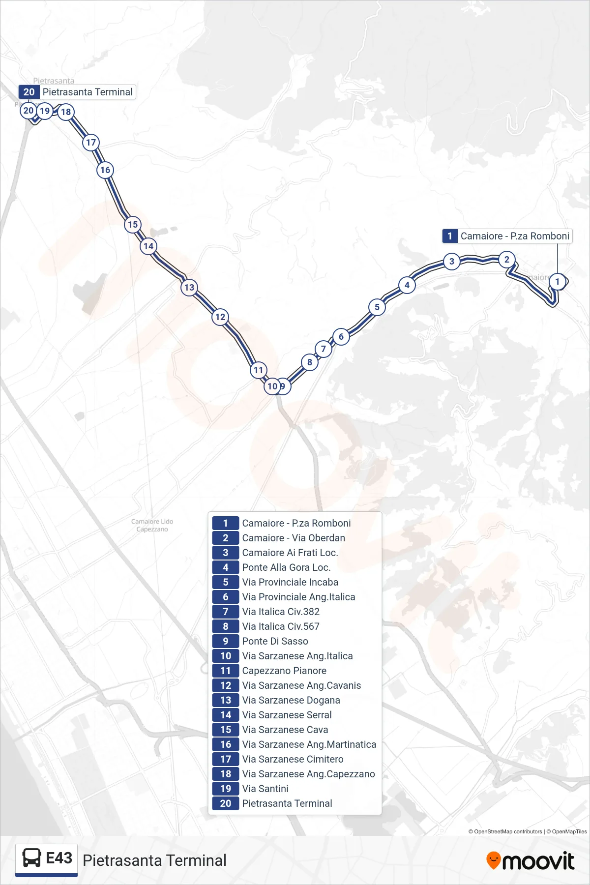 Linea E43 bus (Pietrasanta Terminal) - Percorsi e fermate sulla mappa