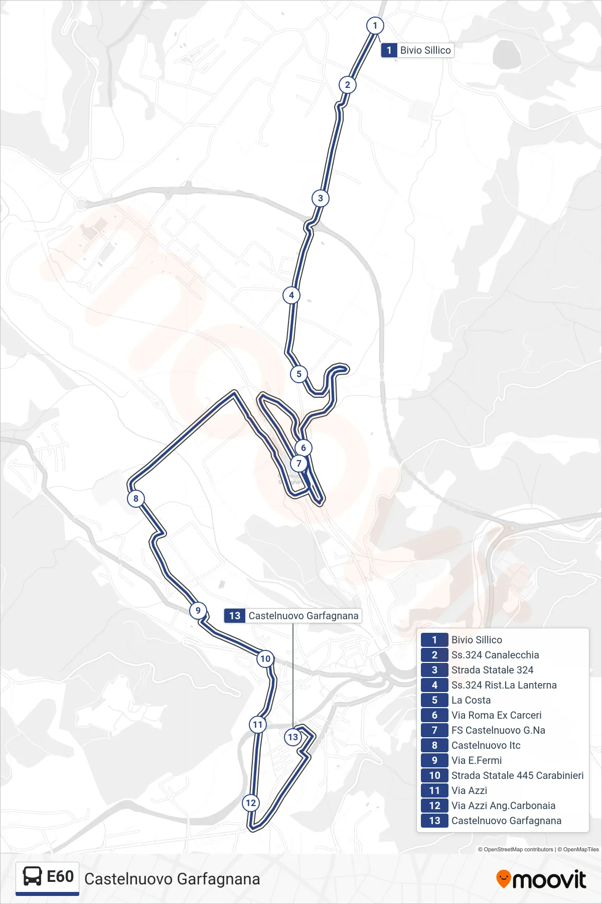 Linea E60 bus (Castelnuovo Garfagnana) - Percorsi e fermate sulla mappa