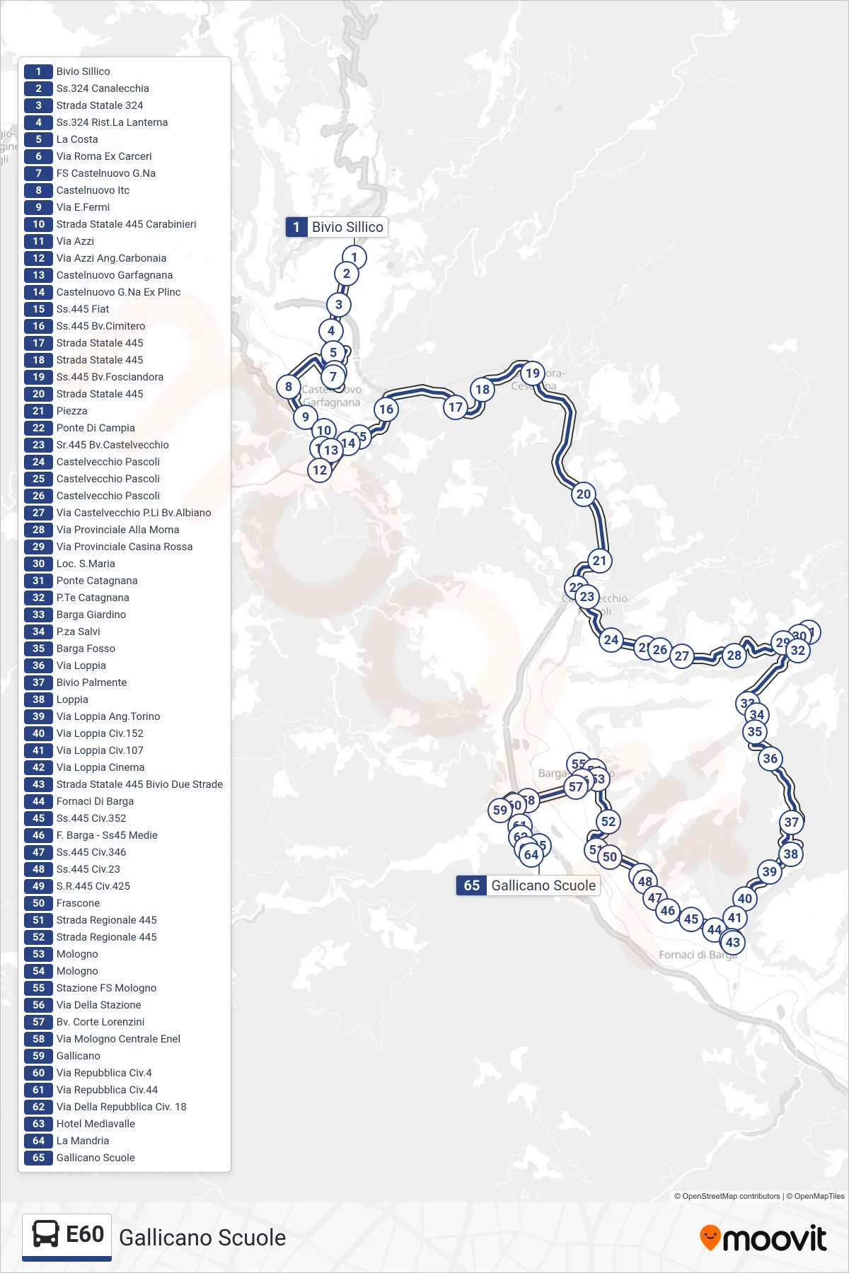 Linea E60 bus (Gallicano Scuole) - Percorsi e fermate sulla mappa