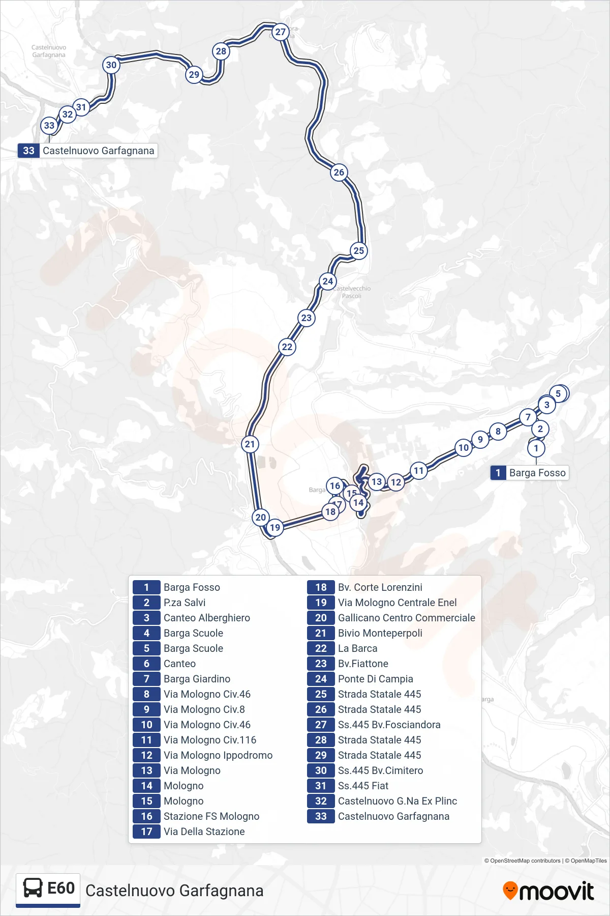 Linea E60 bus (Castelnuovo Garfagnana) - Percorsi e fermate sulla mappa