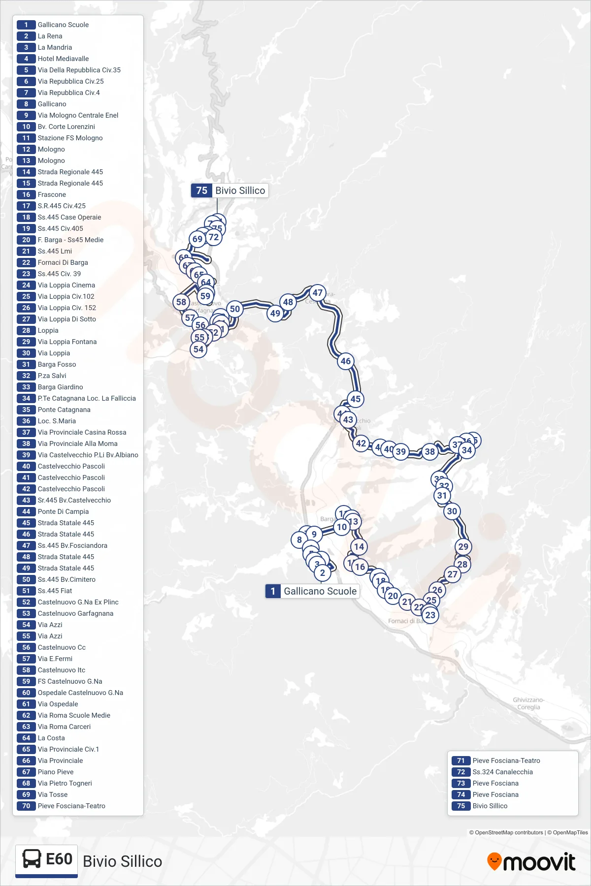 Linea E60 bus (Bivio Sillico) - Percorsi e fermate sulla mappa