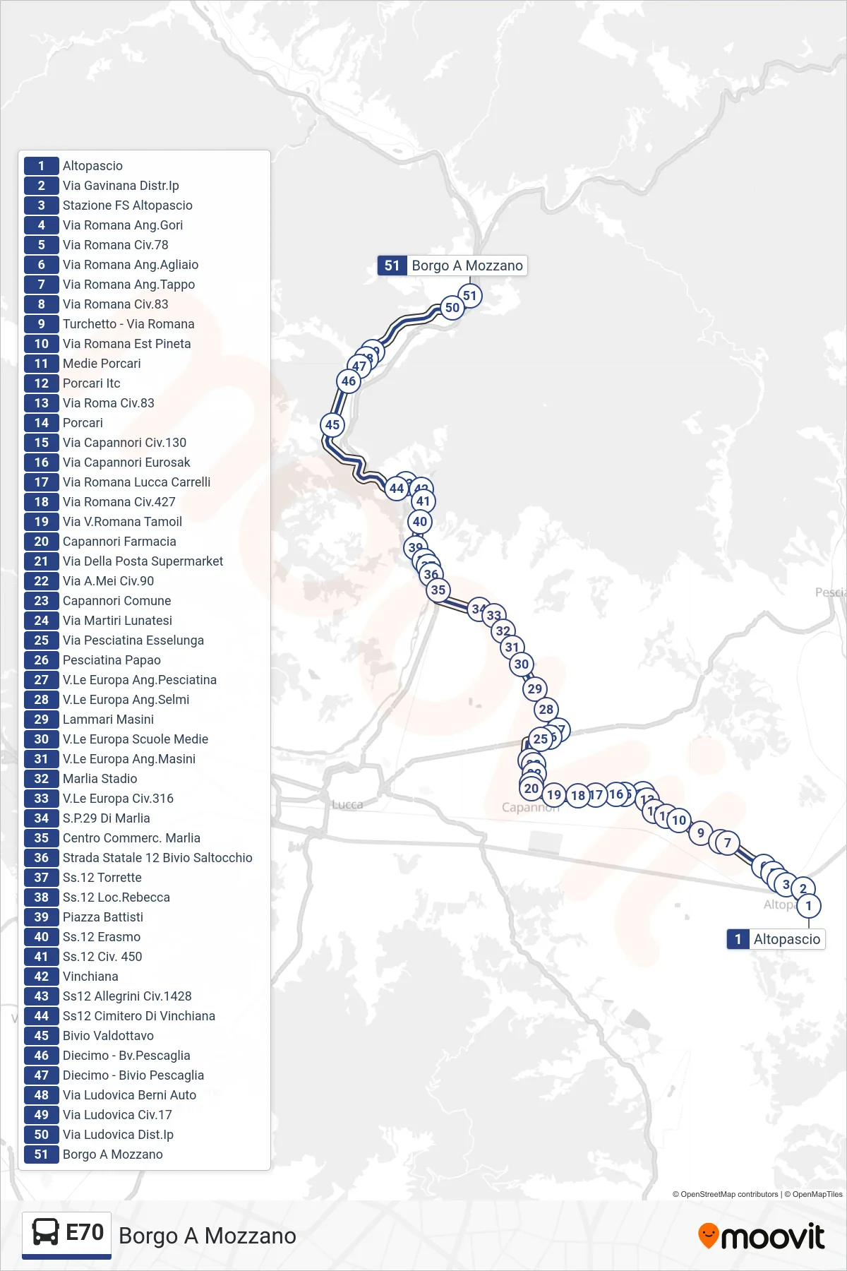 Linea E70 bus (Borgo A Mozzano) - Percorsi e fermate sulla mappa
