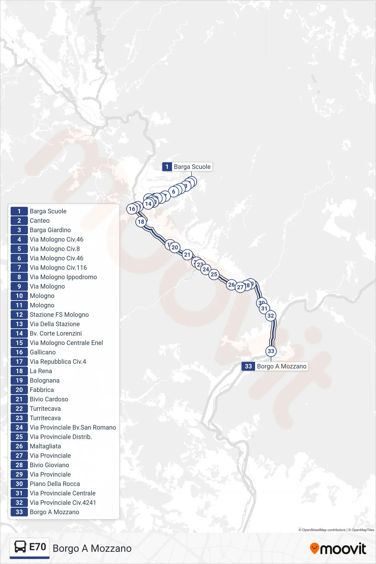 Linea E70 bus (Borgo A Mozzano) - Percorsi e fermate sulla mappa