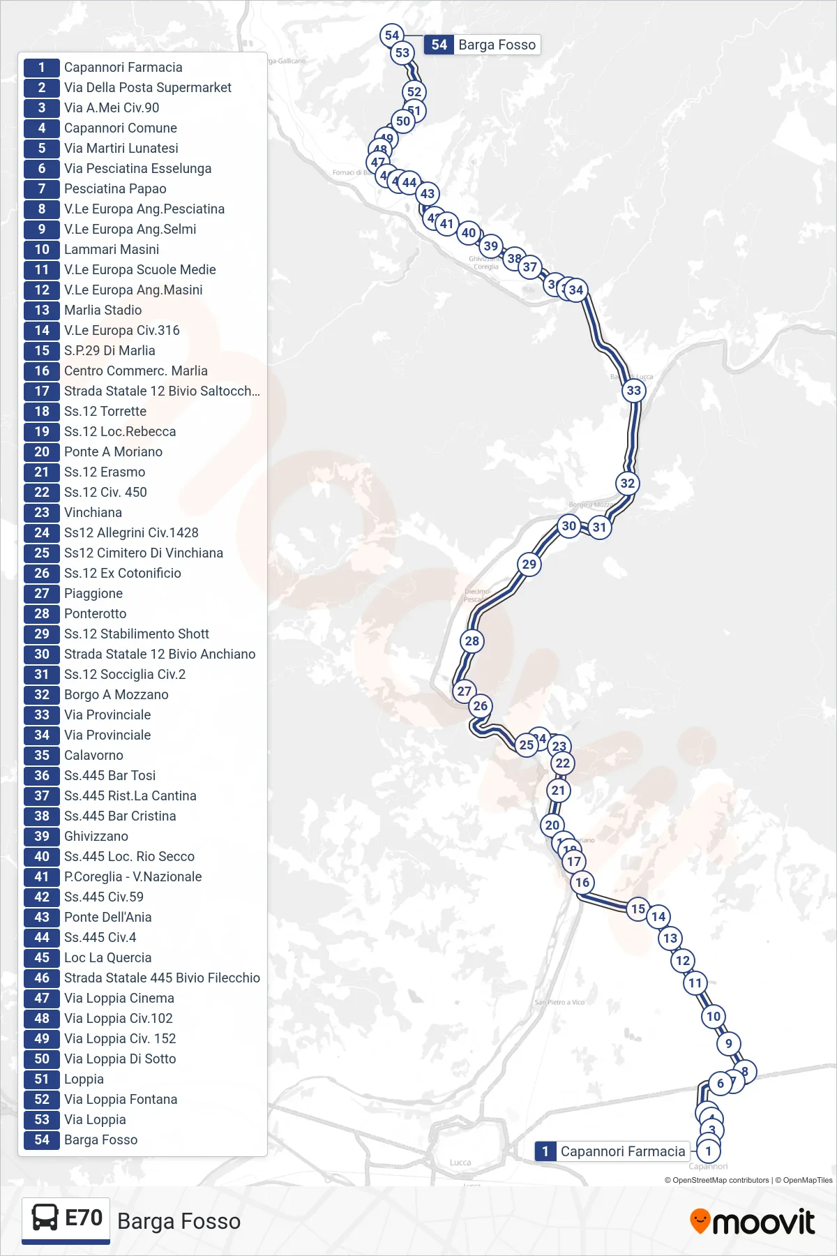 E70 bus Line (Barga Fosso) route and stops on a map
