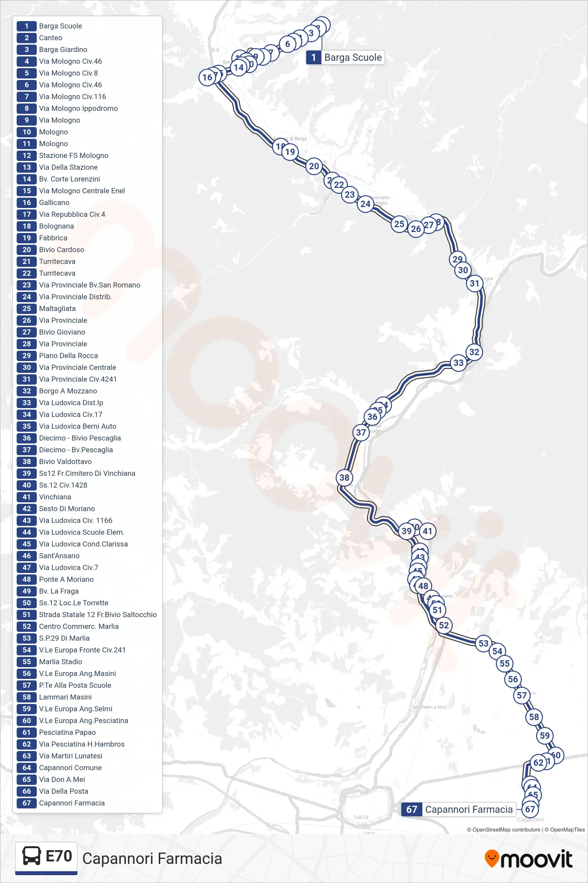 Linea E70  bus (Capannori Farmacia) - Percorsi e fermate sulla mappa