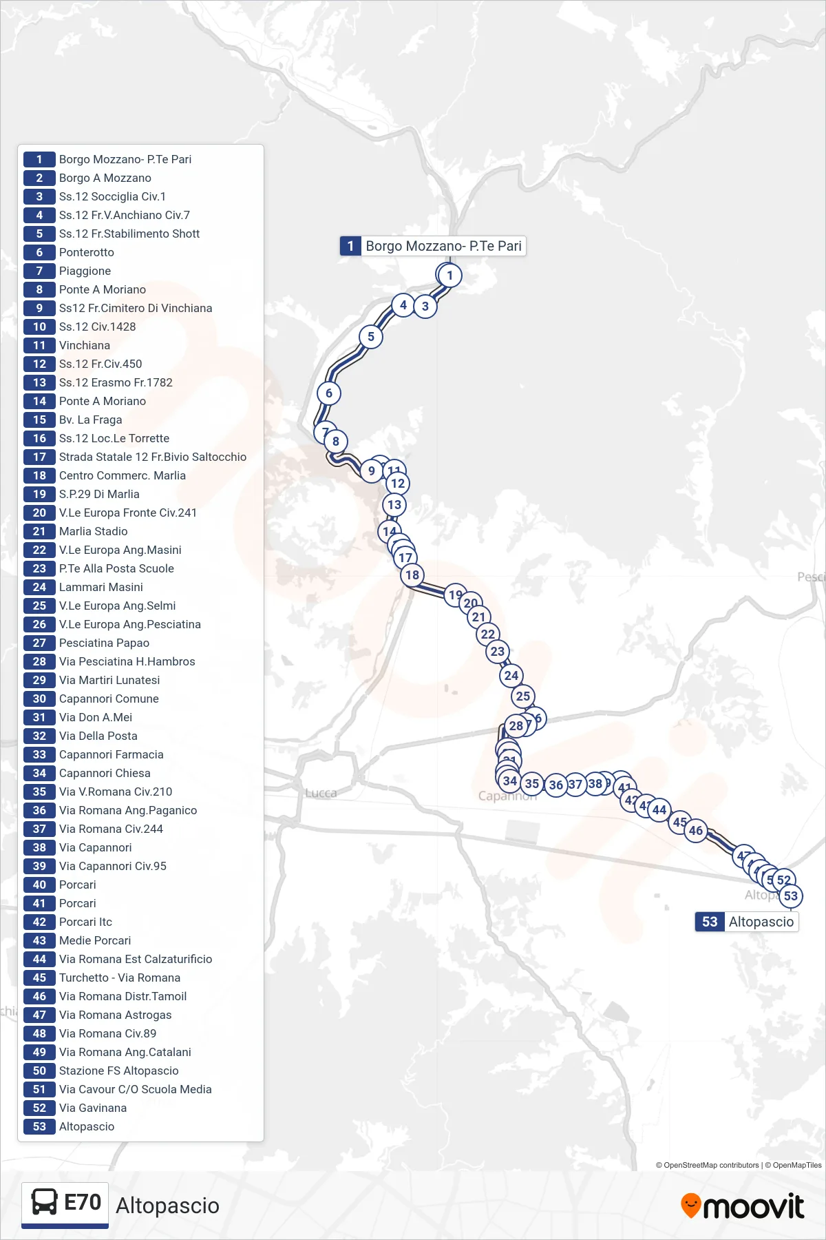 Linea E70 bus (Altopascio) - Percorsi e fermate sulla mappa