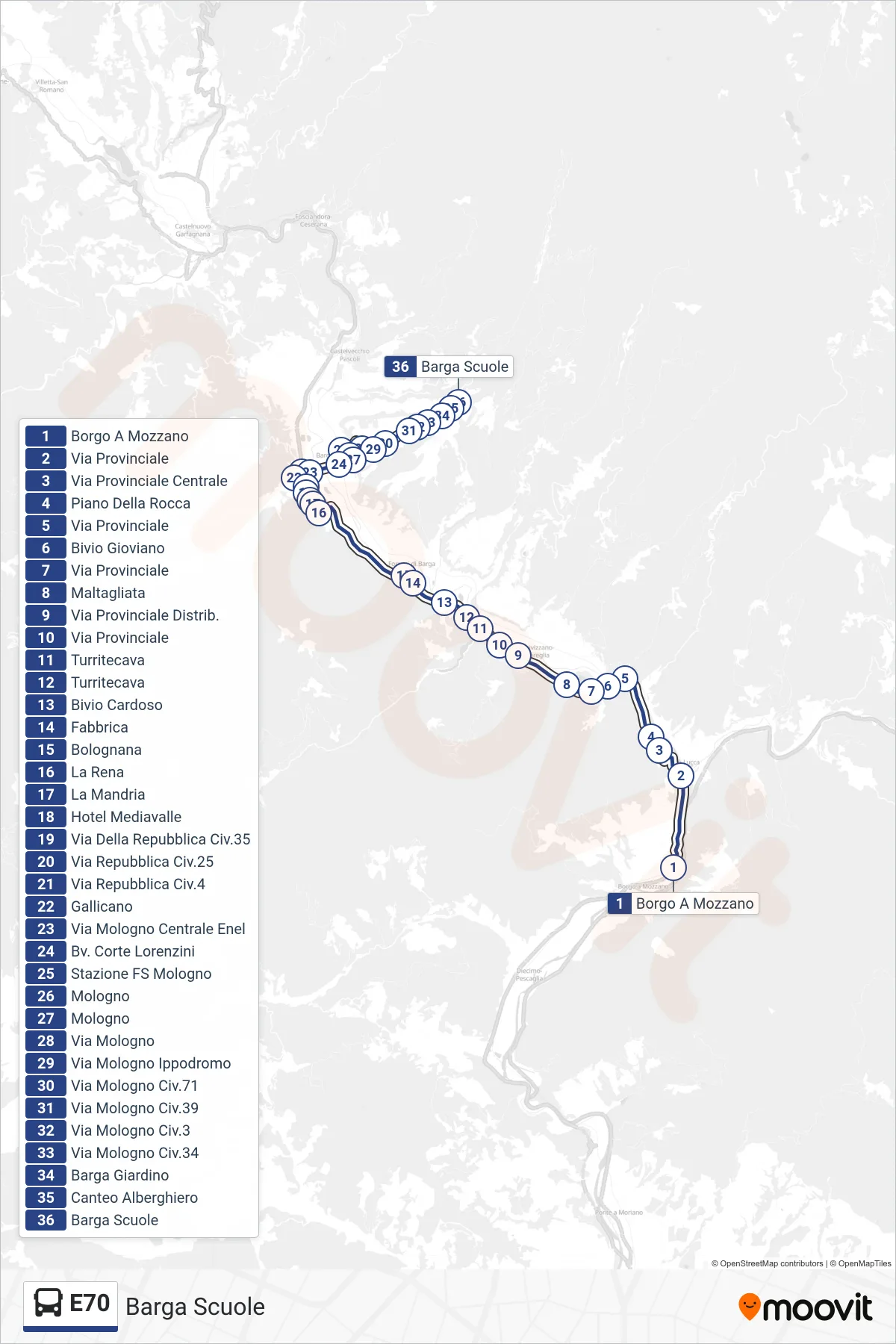 E70 bus Line (Barga Schools) route and stops on a map