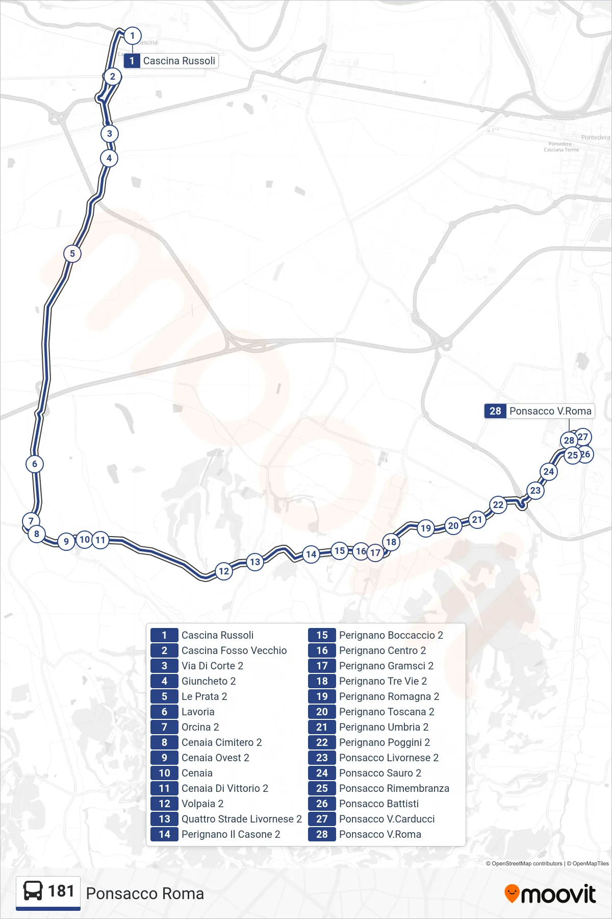 Linea 181 bus (Ponsacco Roma) - Percorsi e fermate sulla mappa