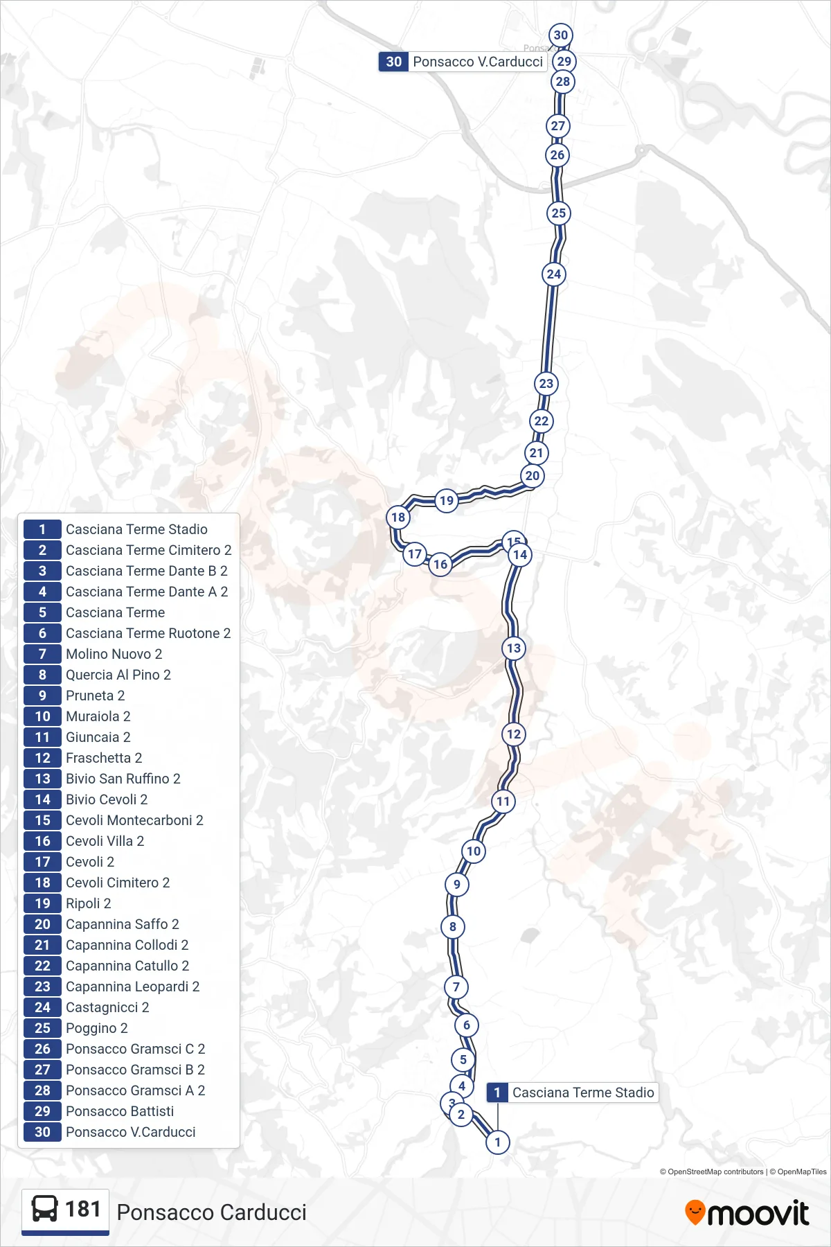 Linea 181  bus (Ponsacco Carducci) - Percorsi e fermate sulla mappa