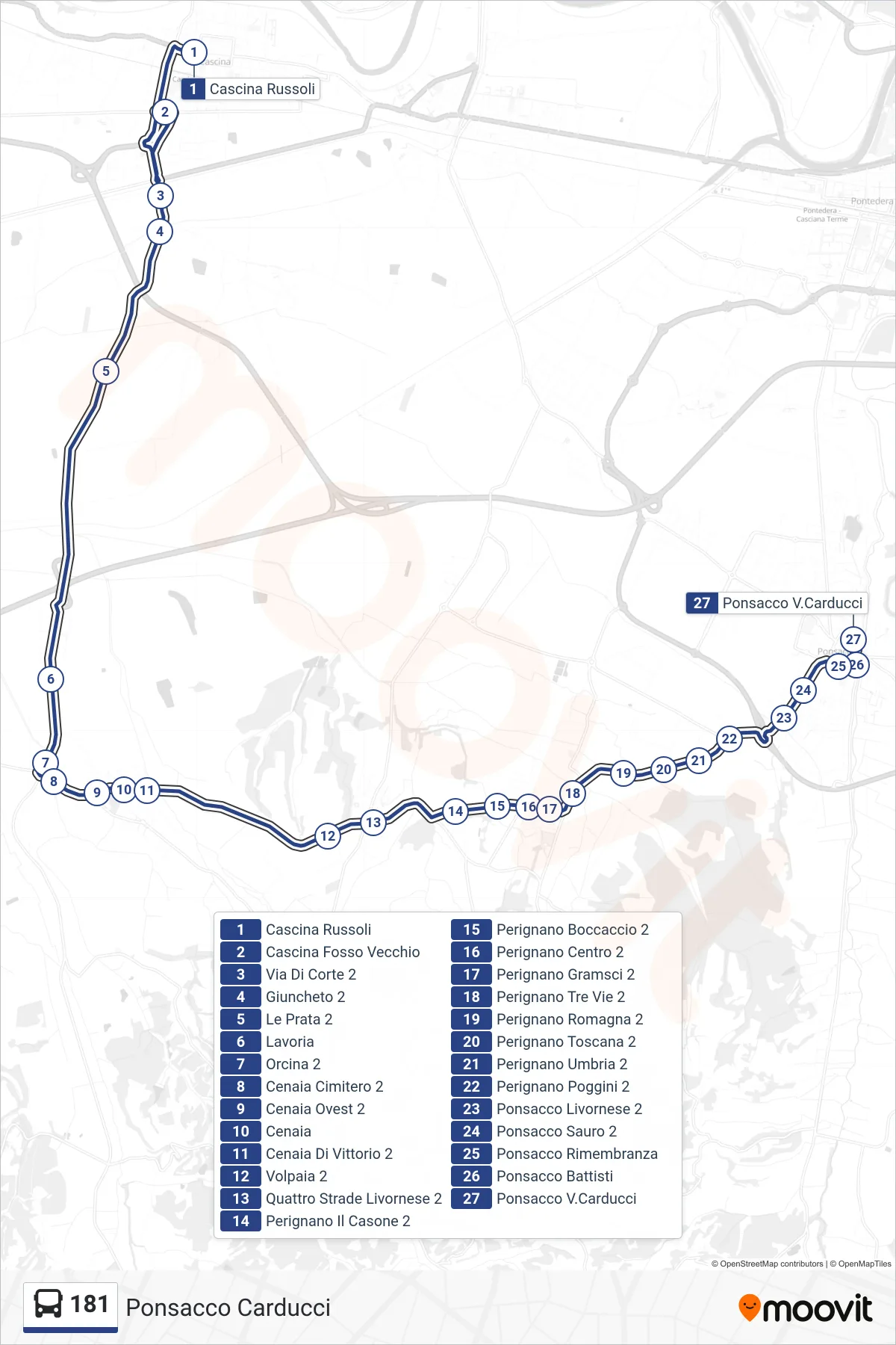 Linea 181 bus (Ponsacco Carducci) - Percorsi e fermate sulla mappa