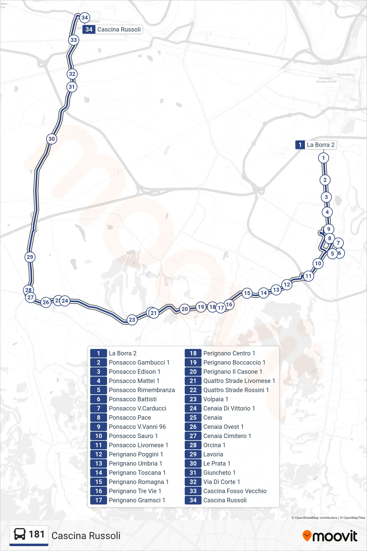 Linea 181  bus (Cascina Russoli) - Percorsi e fermate sulla mappa