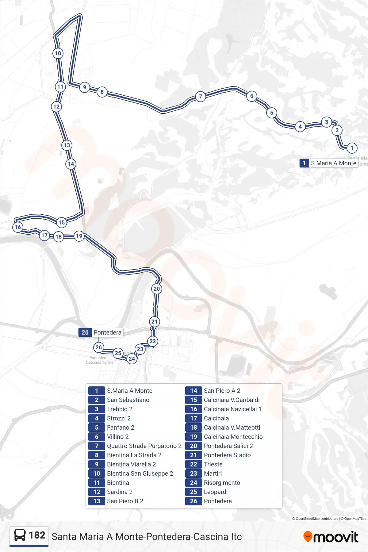 Linea 182 bus (Pontedera) - Percorsi e fermate sulla mappa
