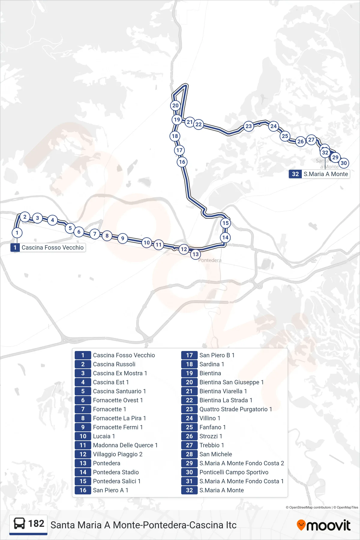 Linea 182 bus (Santa Maria A Monte) - Percorsi e fermate sulla mappa