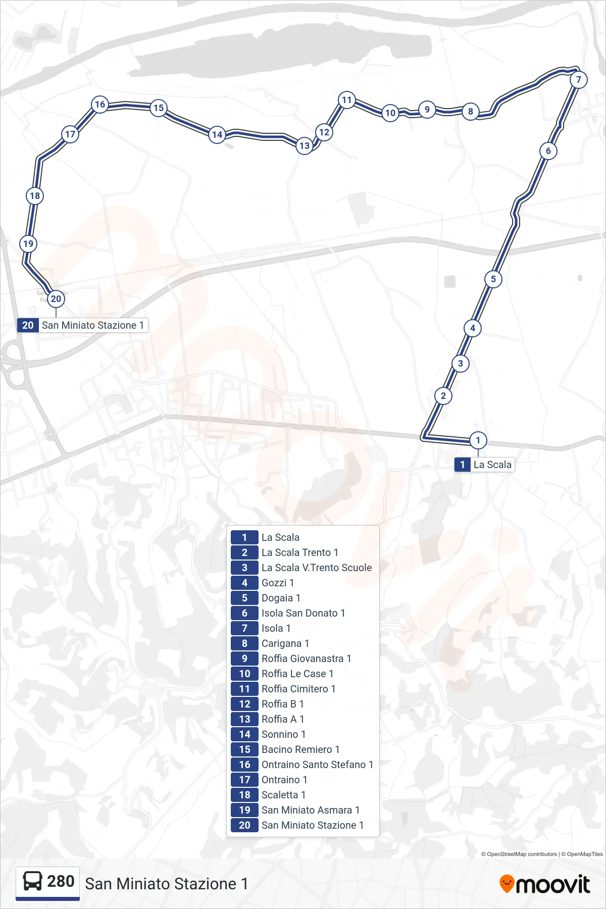 Linea 280 bus (San Miniato Stazione 1) - Percorsi e fermate sulla mappa