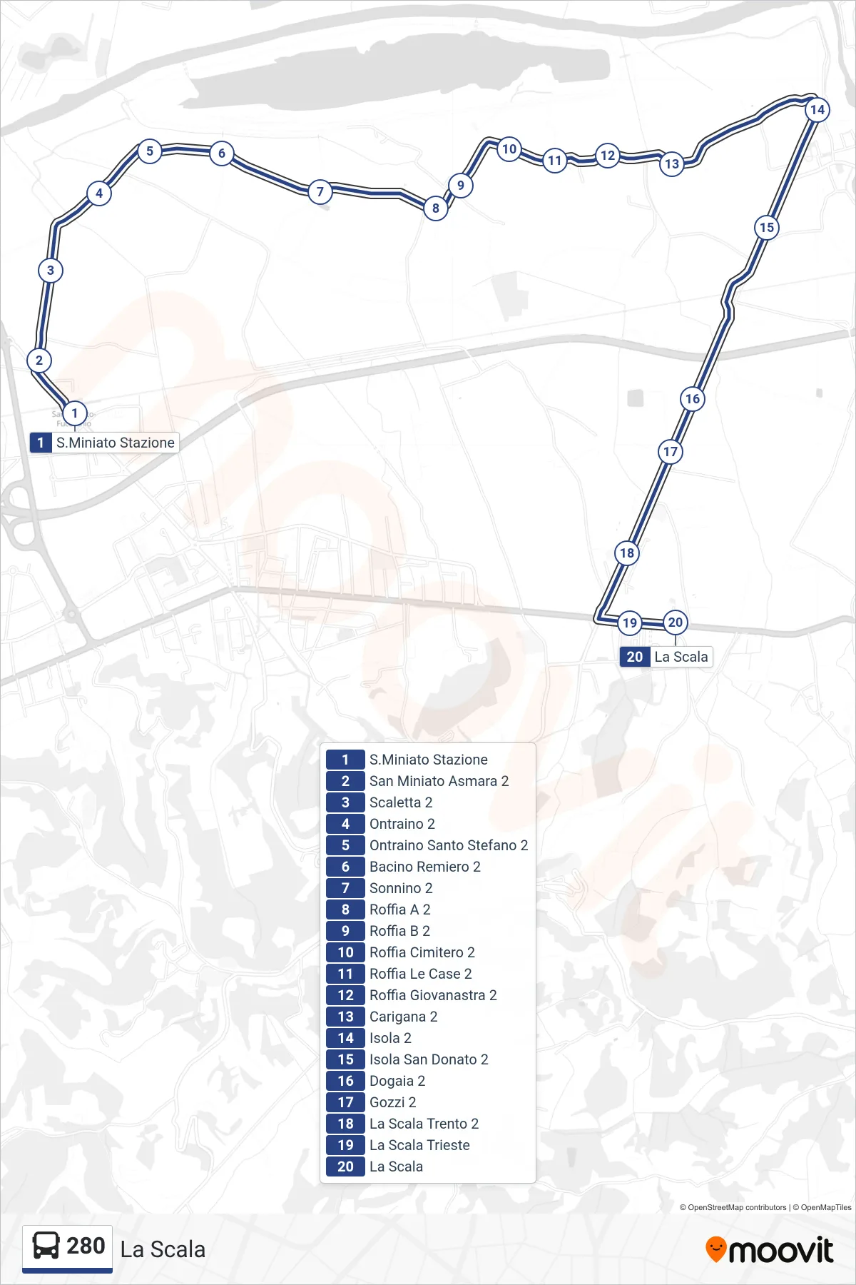 Linea 280 bus (La Scala) - Percorsi e fermate sulla mappa