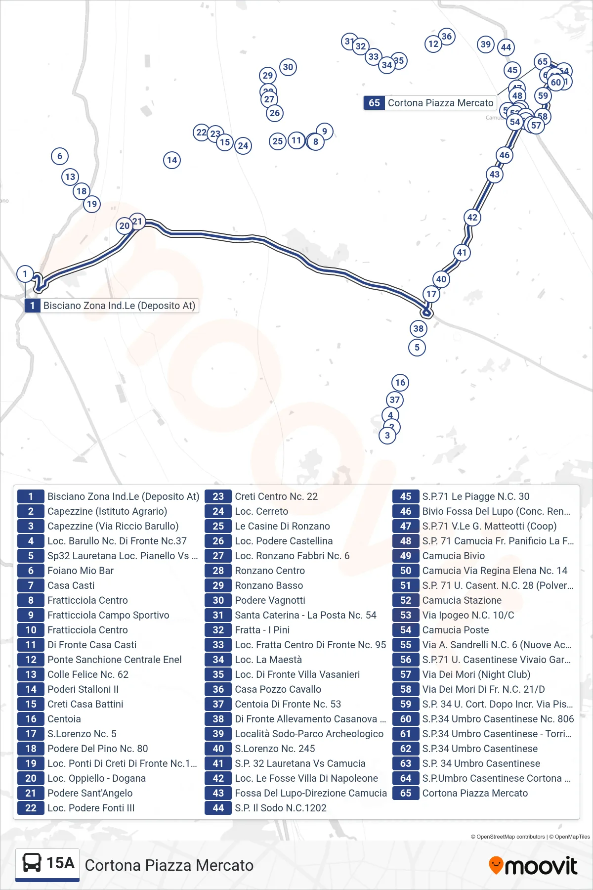 Linea 15A tram (Cortona Piazza Mercato) - Percorsi e fermate sulla mappa