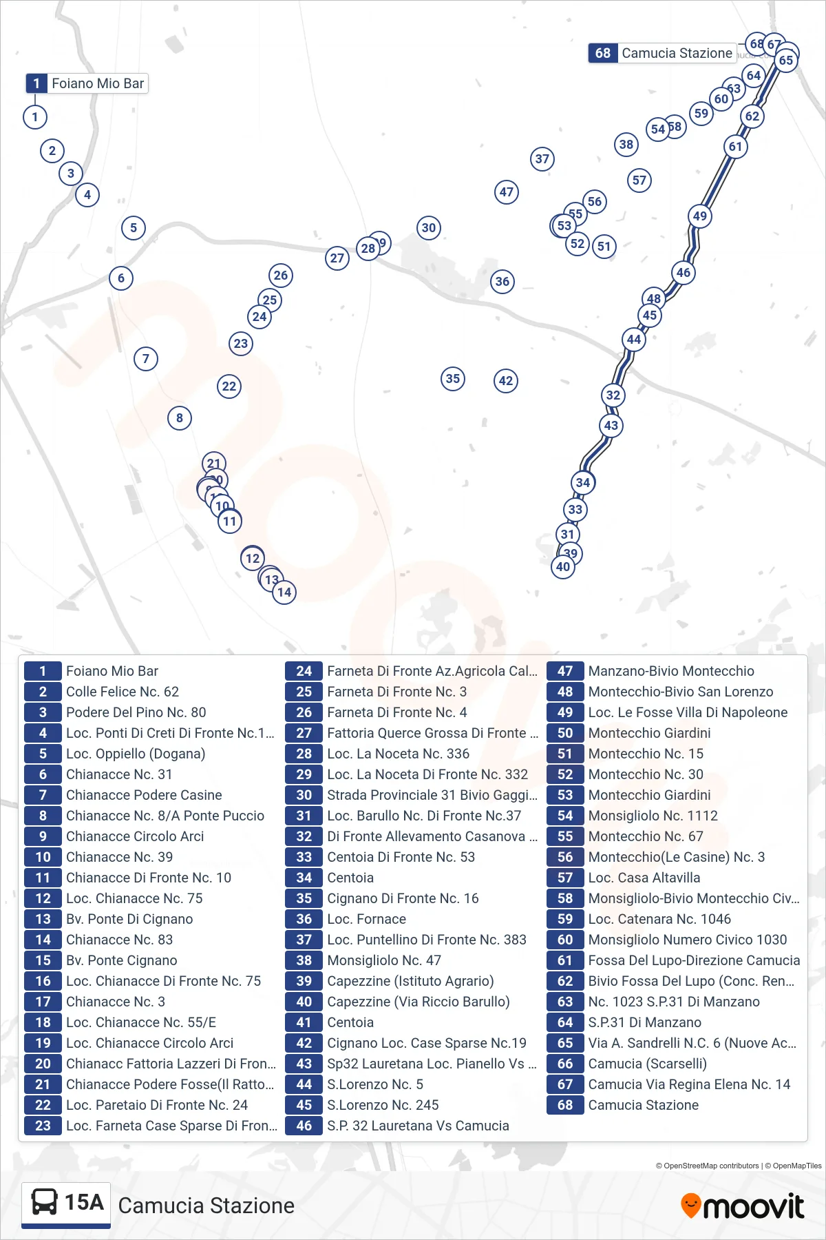 Linea 15A tram (Camucia Stazione) - Percorsi e fermate sulla mappa