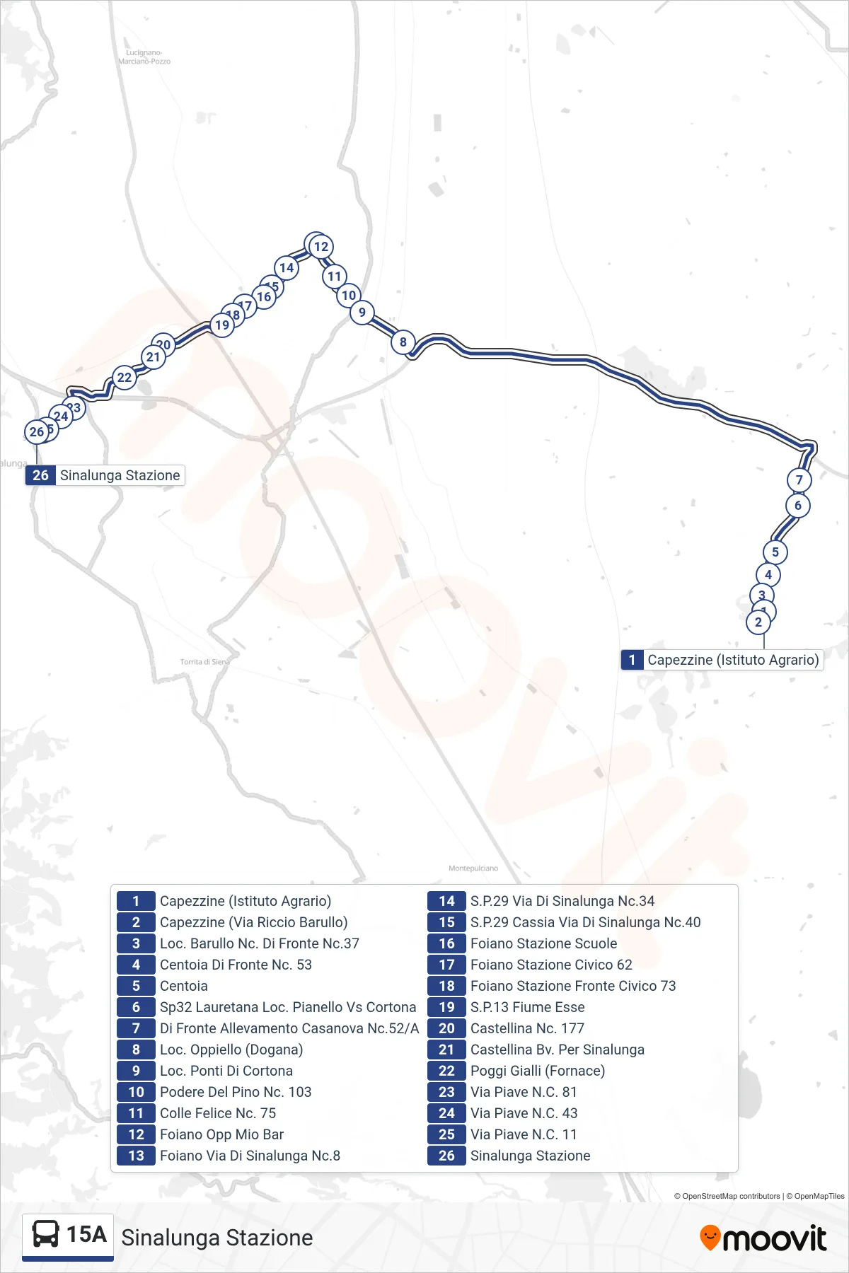 Linea 15A tram (Sinalunga Stazione) - Percorsi e fermate sulla mappa