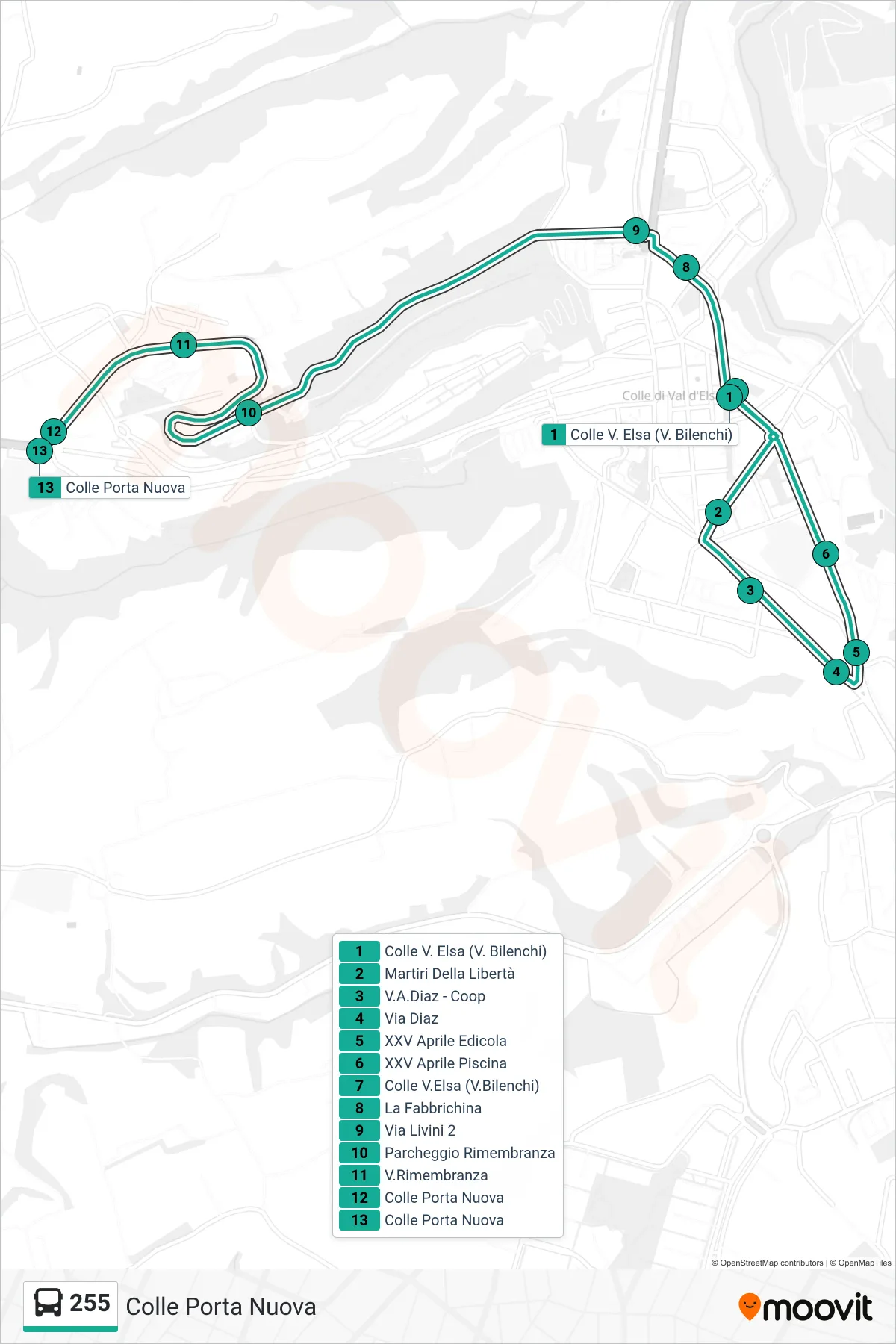 Linea 255 bus (Colle Porta Nuova) - Percorsi e fermate sulla mappa