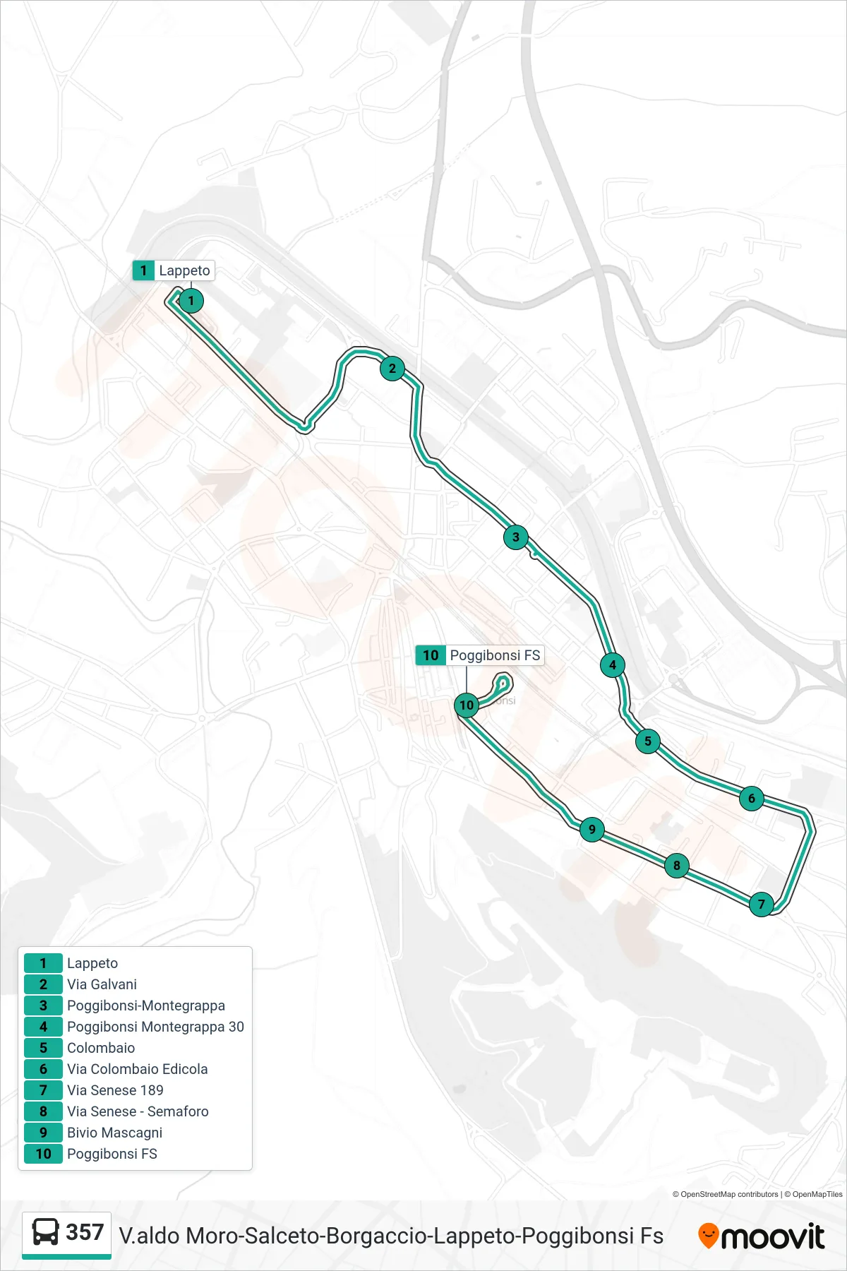 Linea 357 bus (Poggibonsi FS) - Percorsi e fermate sulla mappa