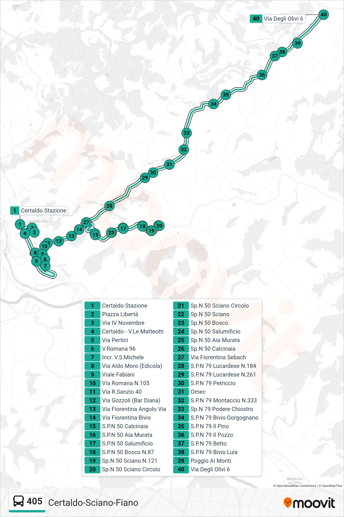 Linea 405 bus (Via Degli Olivi 6) - Percorsi e fermate sulla mappa