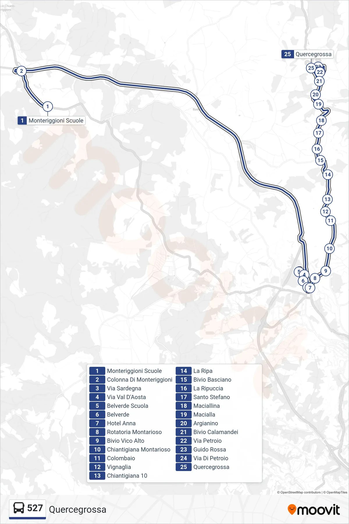 Linea 527  bus (Quercegrossa) - Percorsi e fermate sulla mappa