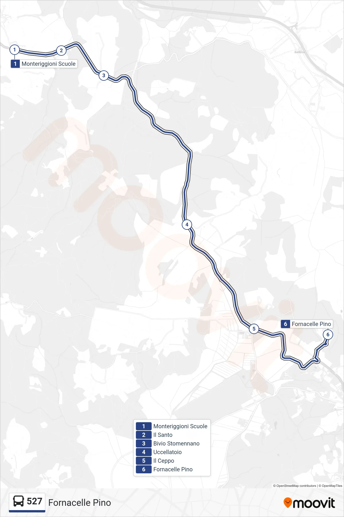 Linea 527 bus (Fornacelle Pino) - Percorsi e fermate sulla mappa