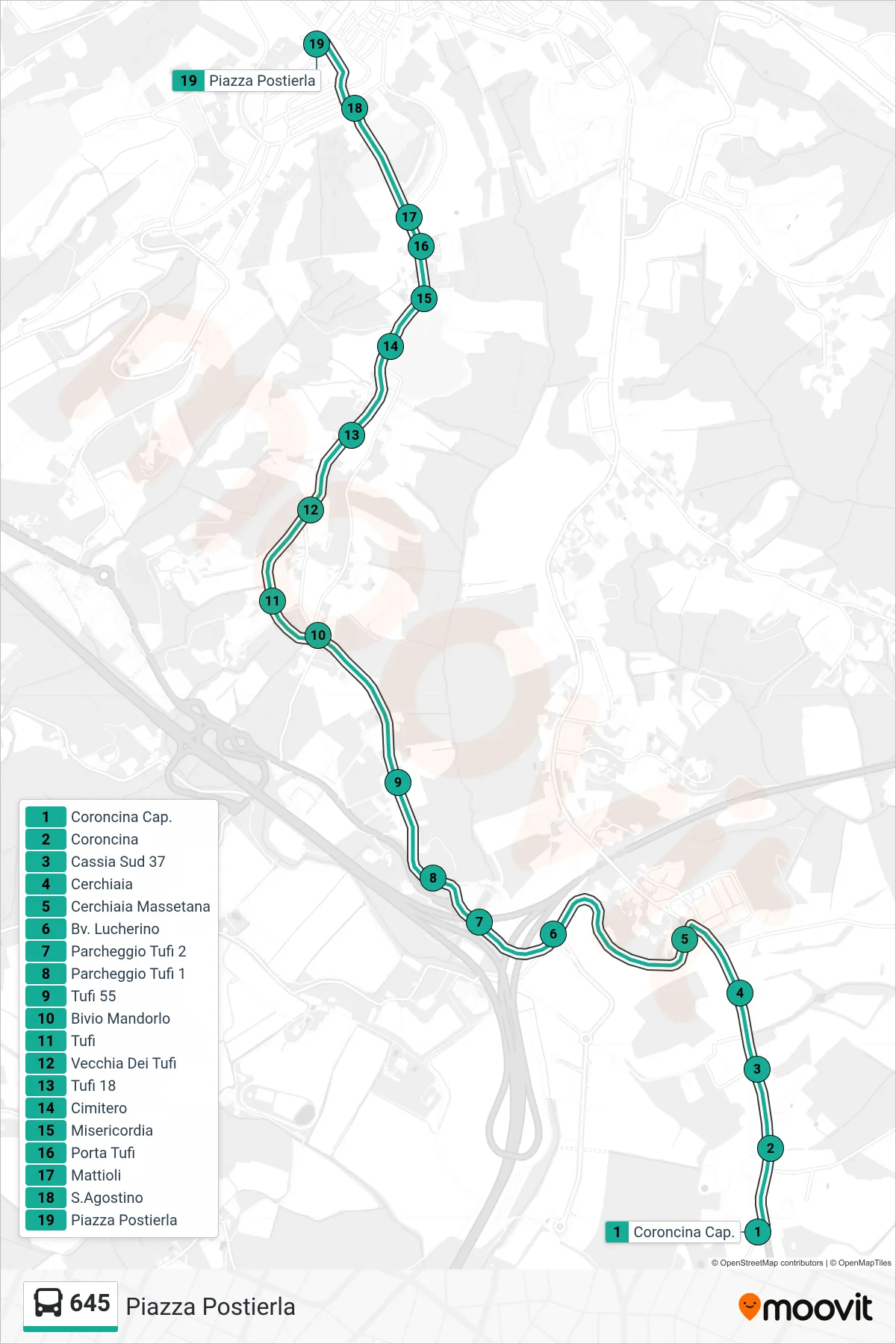 Linea 645 bus (Piazza Postierla) - Percorsi e fermate sulla mappa