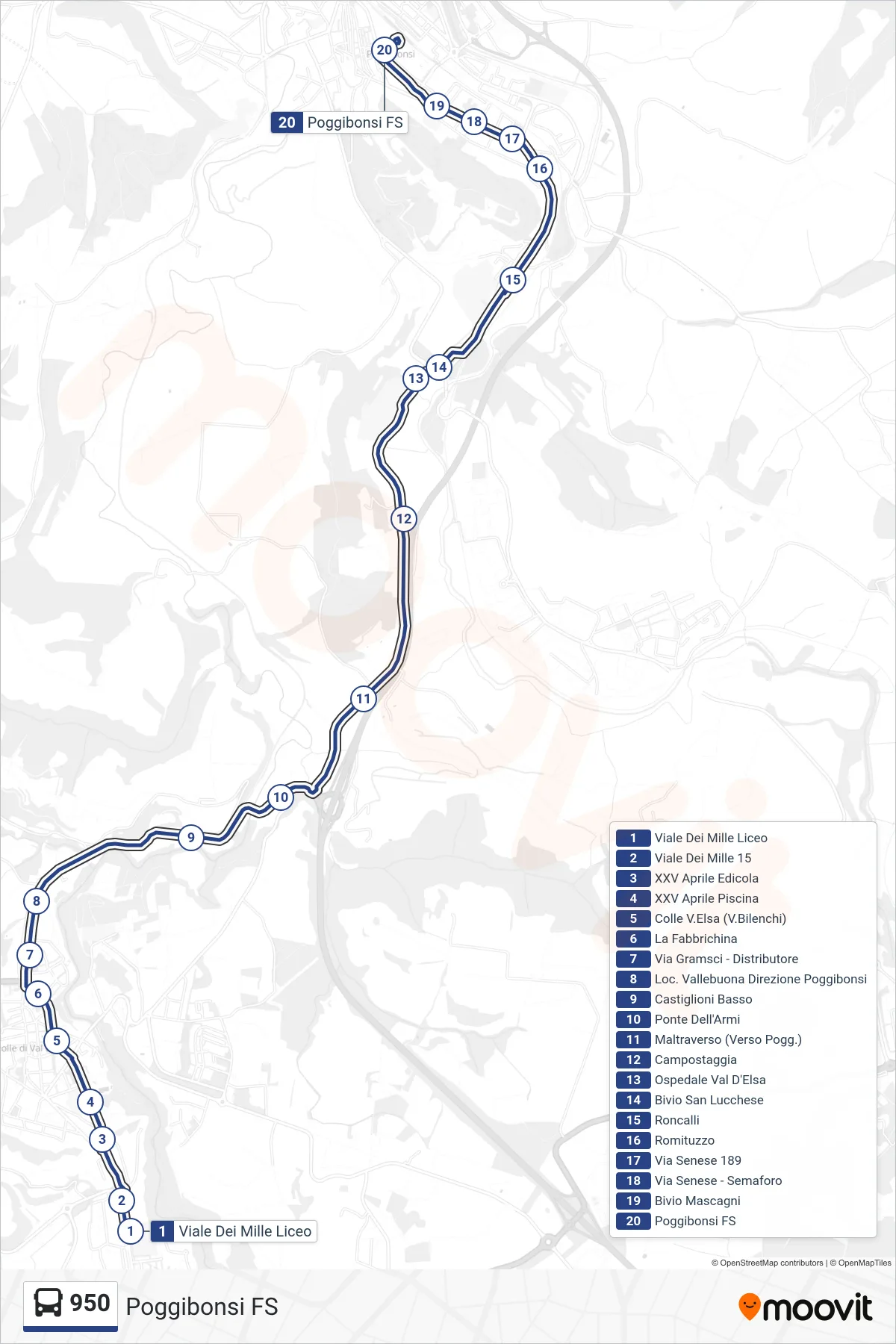 Linea 950 bus (Poggibonsi FS) - Percorsi e fermate sulla mappa