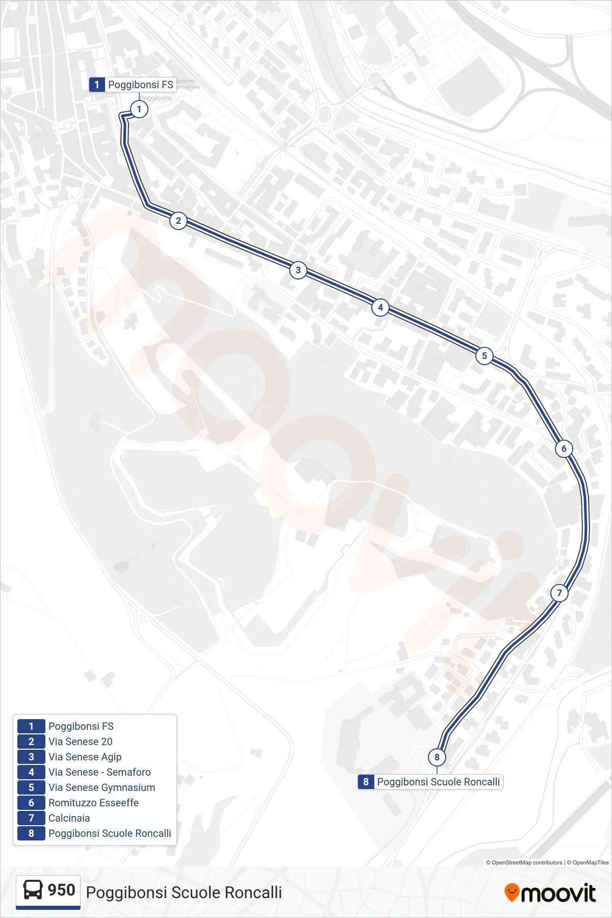 Linea 950  bus (Poggibonsi Scuole Roncalli) - Percorsi e fermate sulla mappa