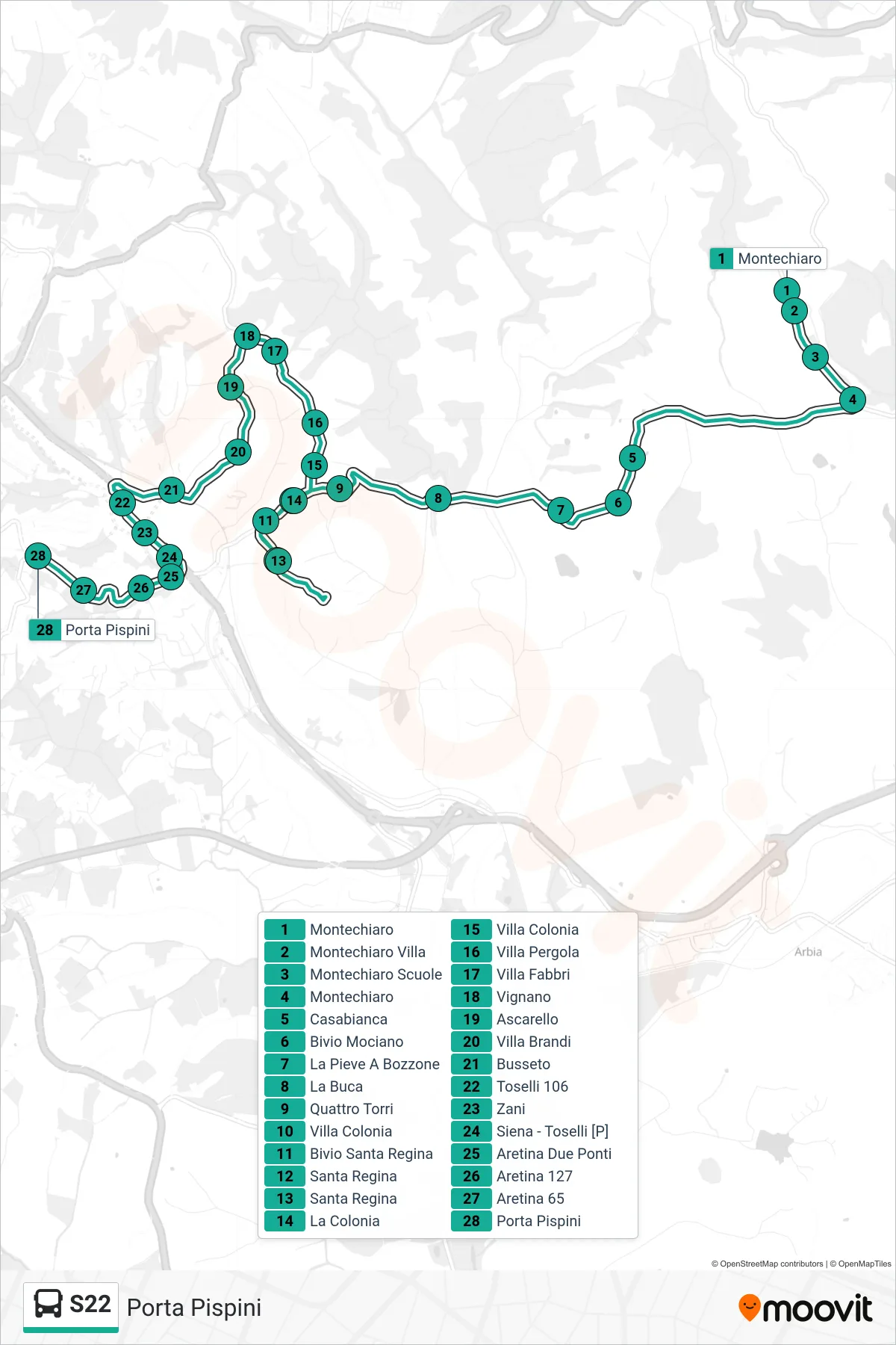 Linea S22 bus (Porta Pispini) - Percorsi e fermate sulla mappa