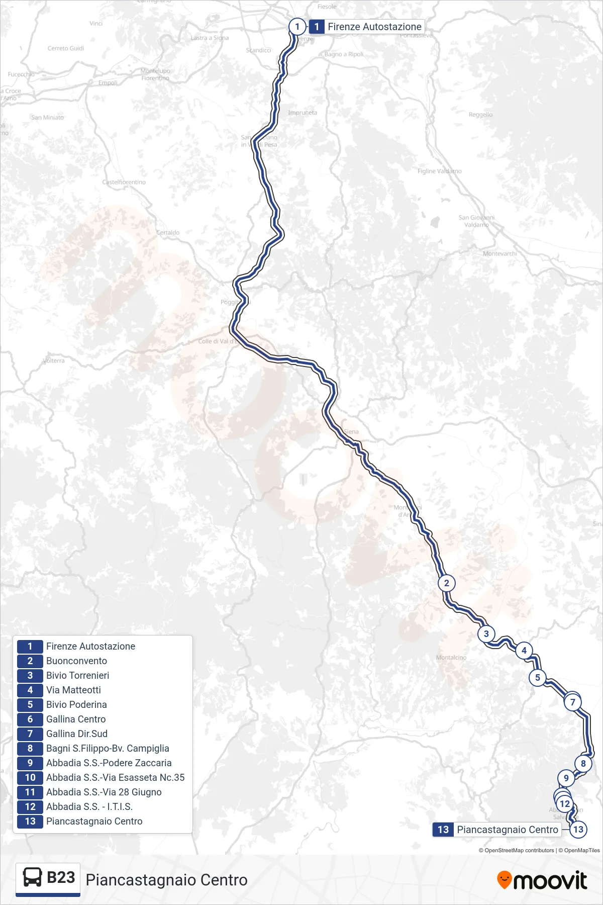 Linea B23  tram (Piancastagnaio Centro) - Percorsi e fermate sulla mappa