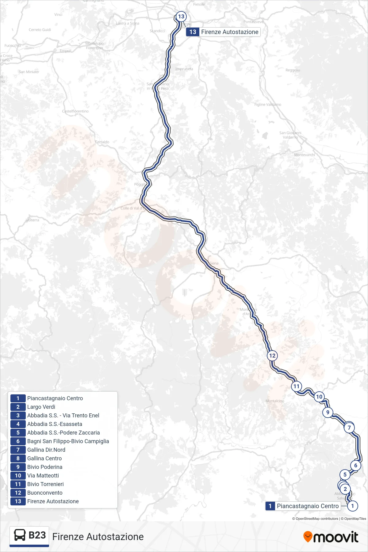 Linea B23 tram (Firenze Autostazione) - Percorsi e fermate sulla mappa