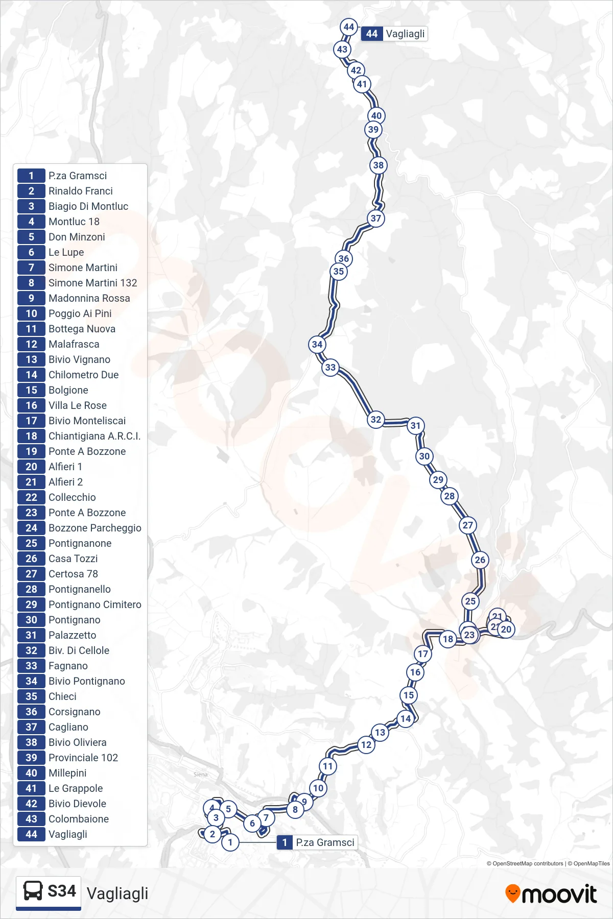 Linea S34 tram (Vagliagli) - Percorsi e fermate sulla mappa