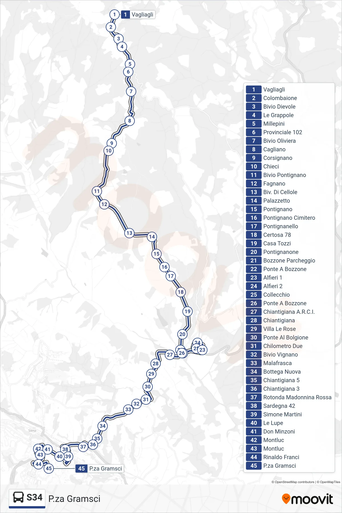 Linea S34 tram (P.za Gramsci) - Percorsi e fermate sulla mappa