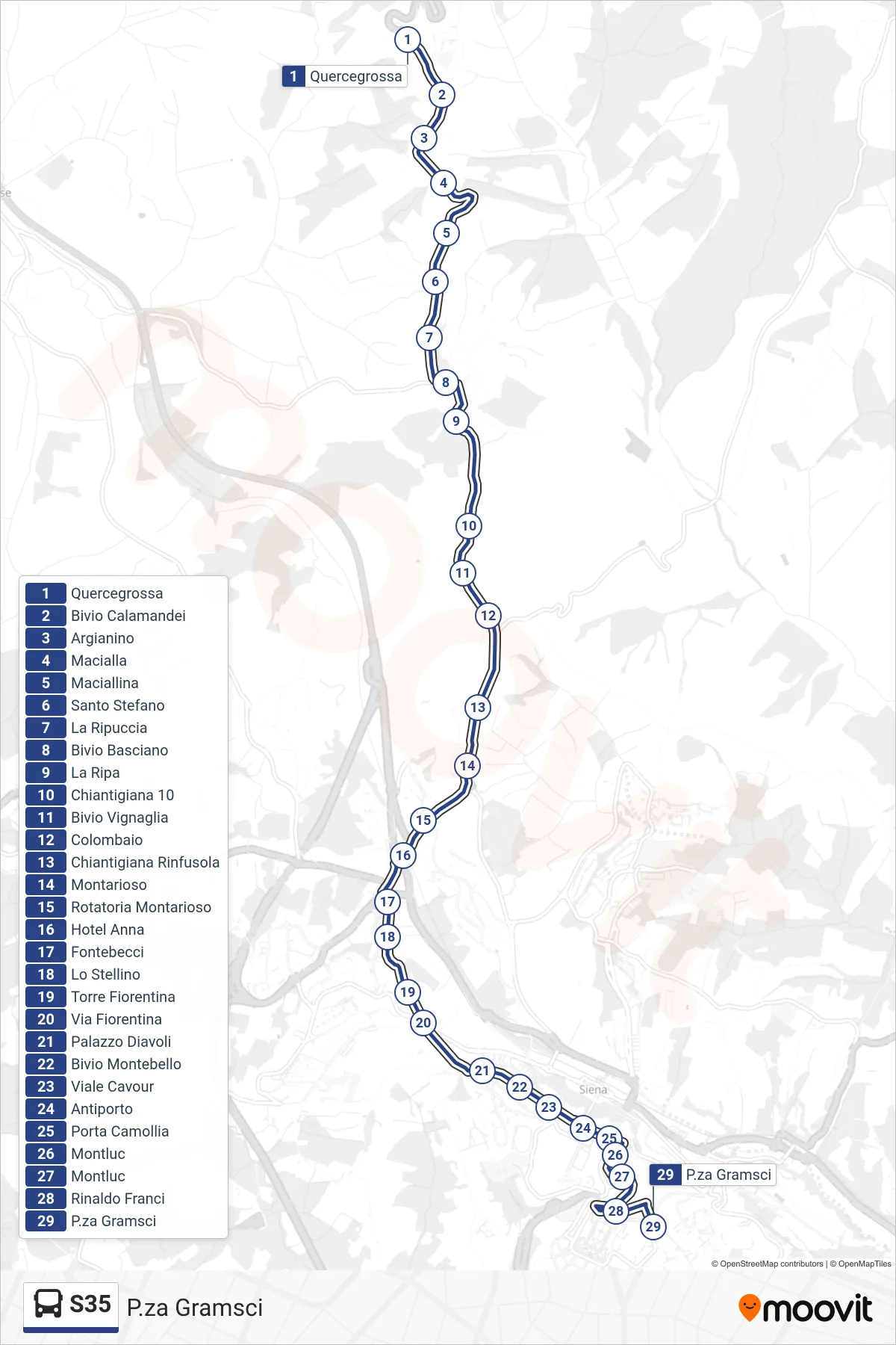 Linea S35  tram (P.za Gramsci) - Percorsi e fermate sulla mappa