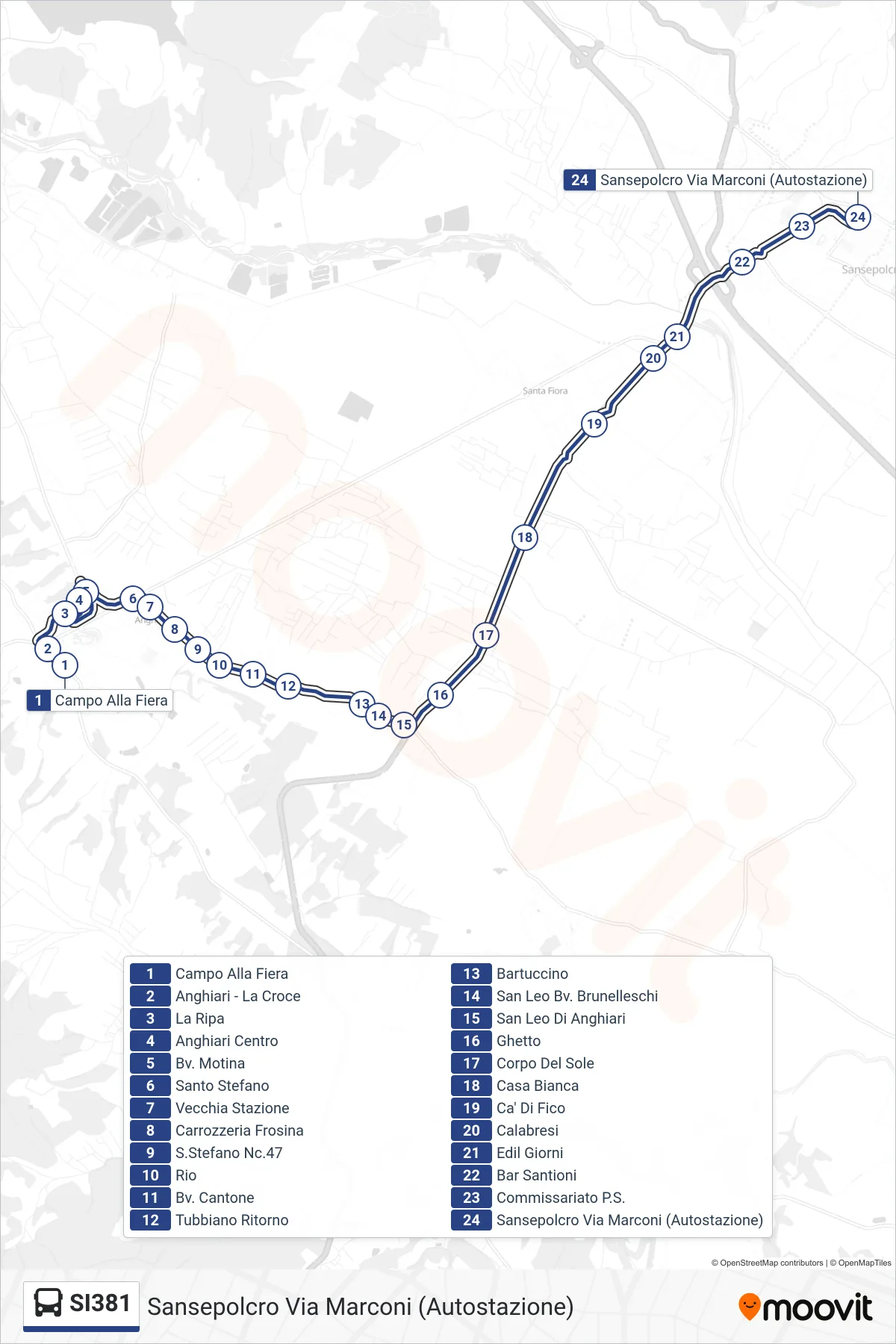 Linea SI381  bus (Sansepolcro Via Marconi (Autostazione)) - Percorsi e fermate sulla mappa