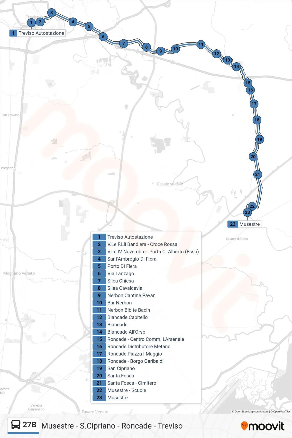 Linea 27B bus (Musestre) - Percorsi e fermate sulla mappa