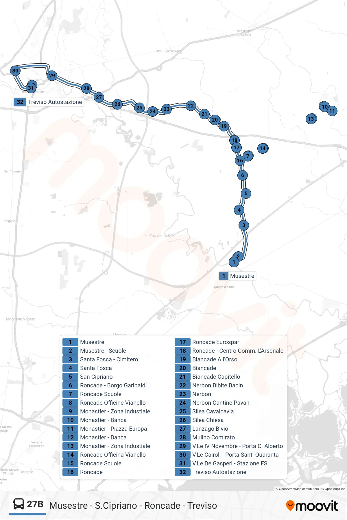 Linea 27B bus (Treviso) - Percorsi e fermate sulla mappa