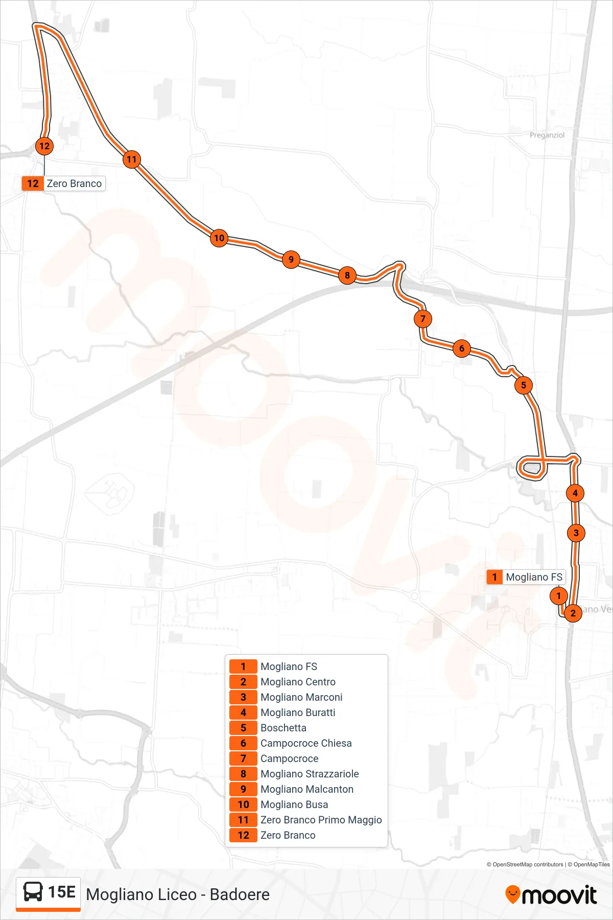 Linea 15E bus (Zero Branco) - Percorsi e fermate sulla mappa