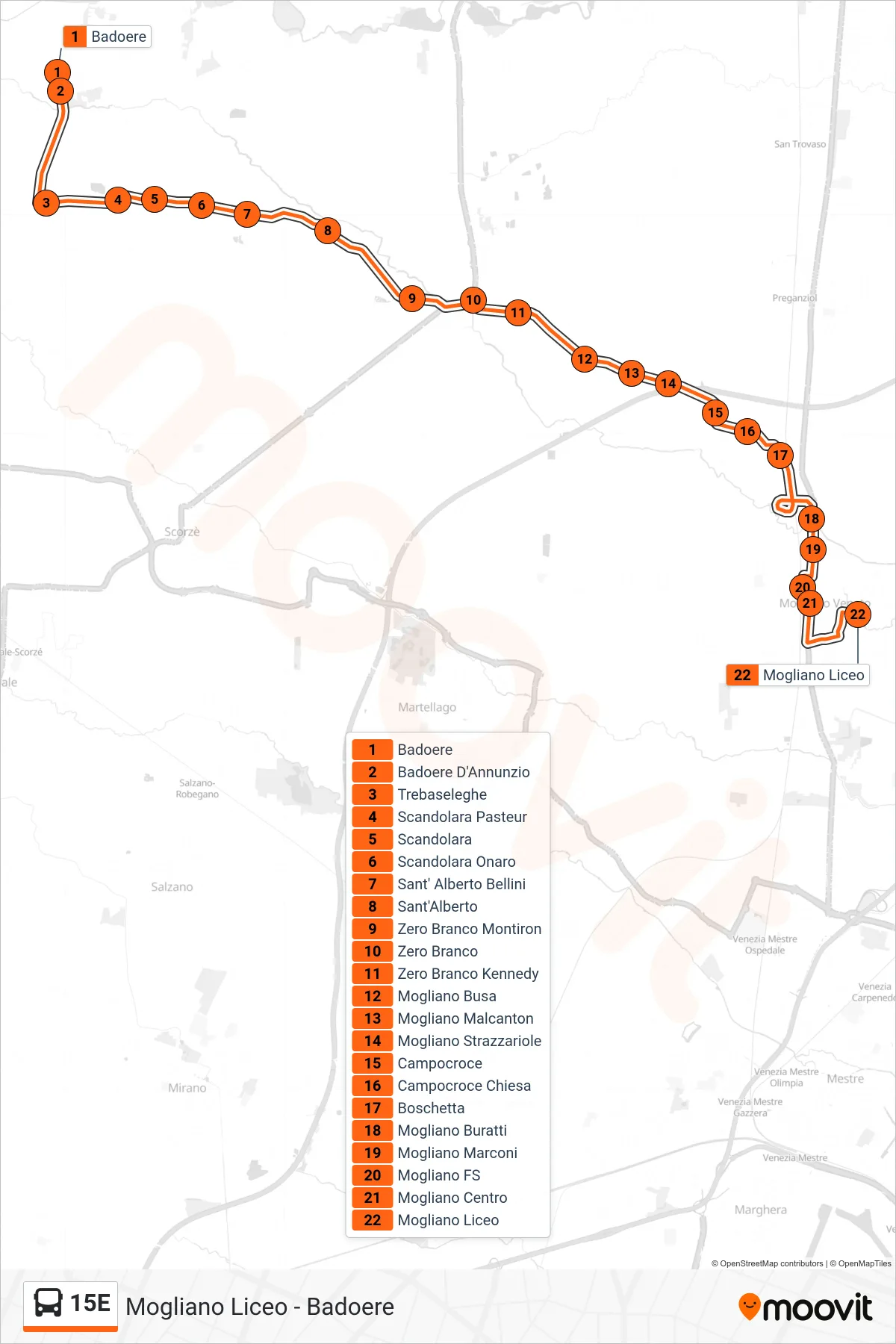 Linea 15E bus (Mogliano Liceo) - Percorsi e fermate sulla mappa