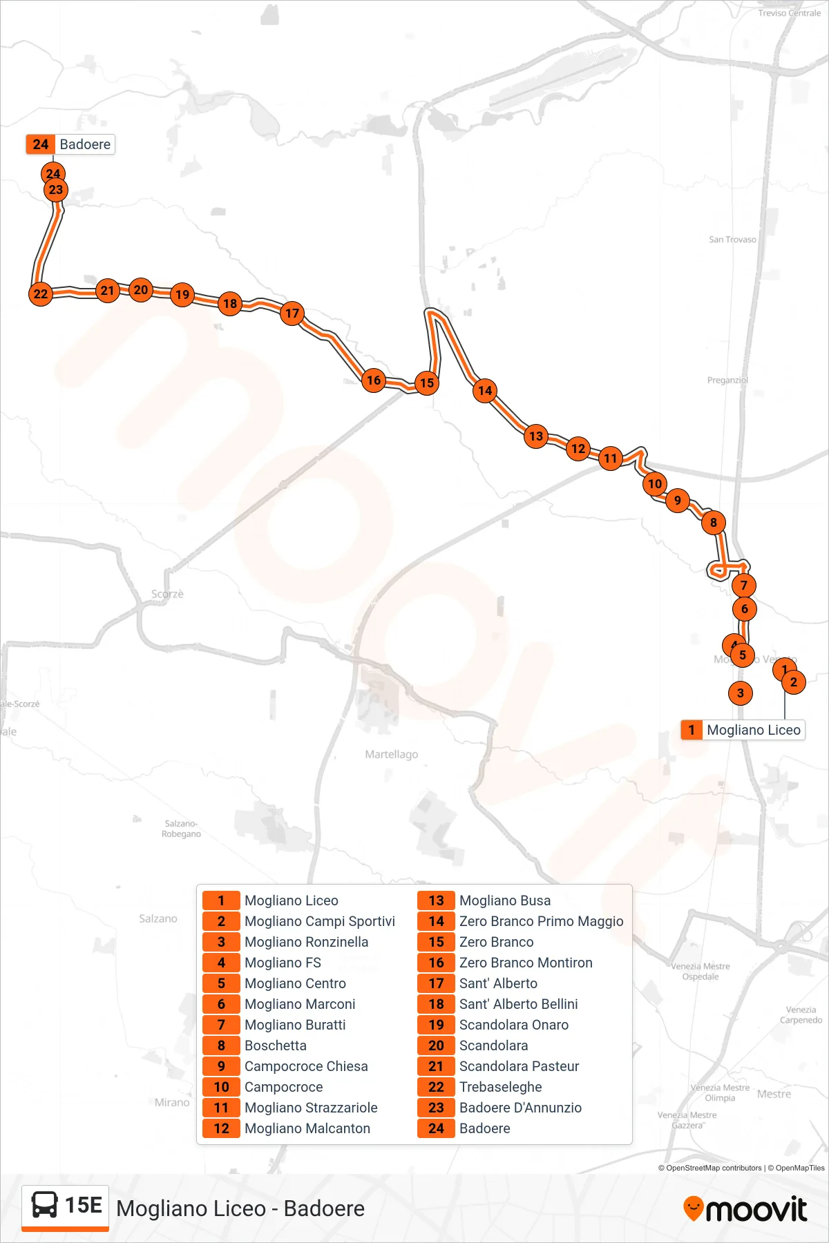 Linea 15E  bus (Badoere) - Percorsi e fermate sulla mappa