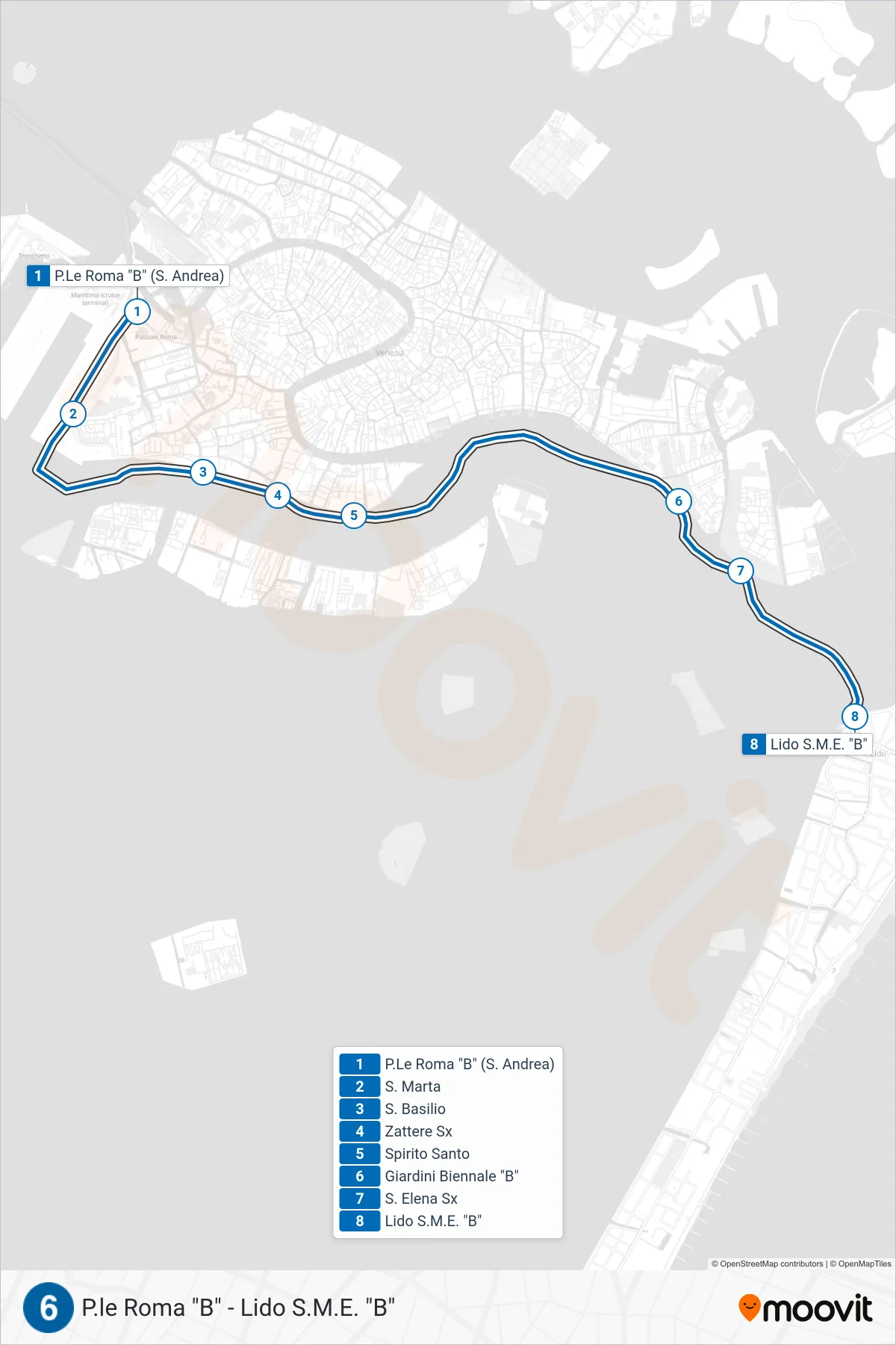 Linea 6 navigazione (Lido S.M.E. B) - Percorsi e fermate sulla mappa