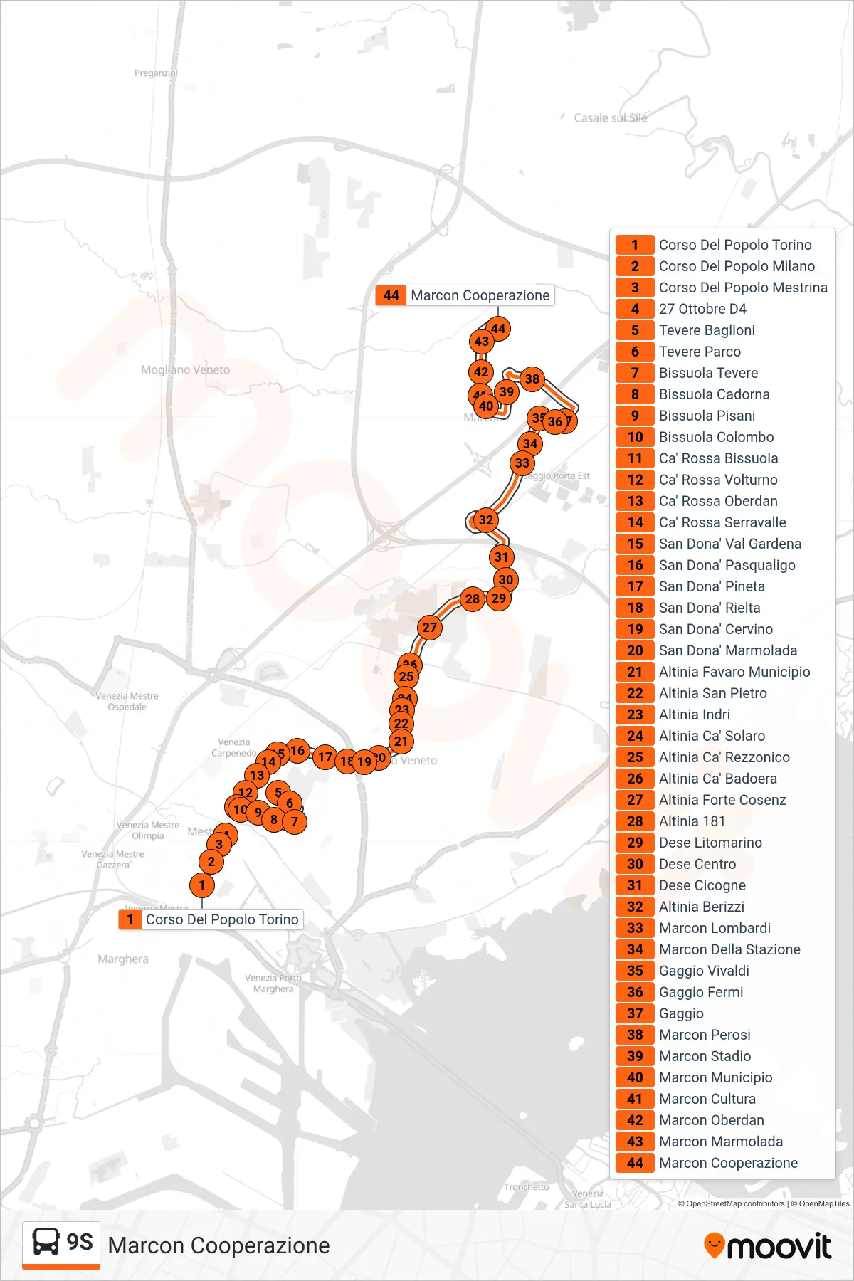 Linea 9S bus (Marcon Cooperazione) - Percorsi e fermate sulla mappa
