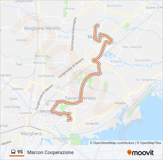 Percorso linea bus 9S