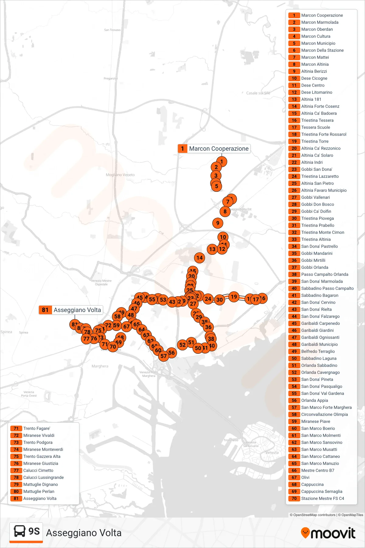 Linea 9S  bus (Asseggiano Volta) - Percorsi e fermate sulla mappa