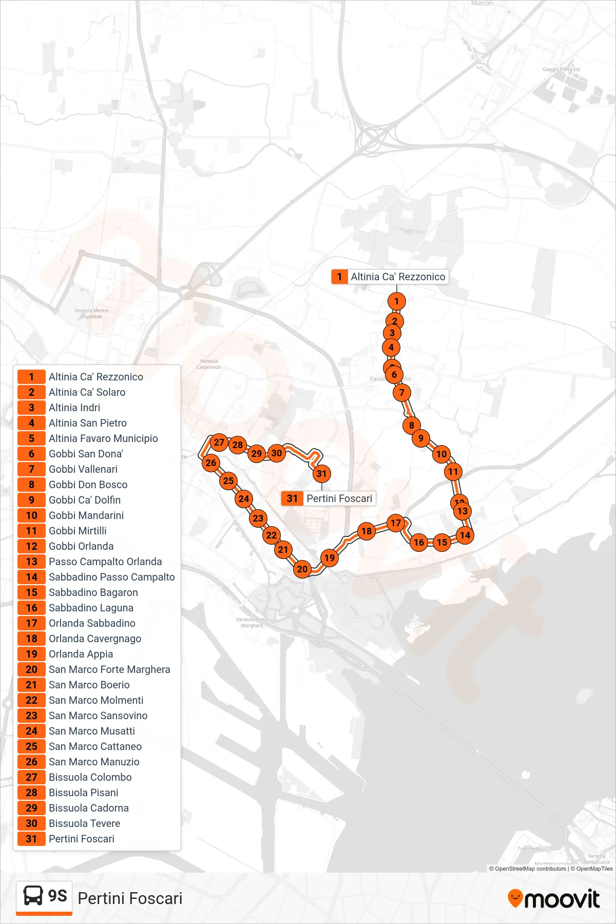 Linea 9S bus (Pertini Foscari) - Percorsi e fermate sulla mappa