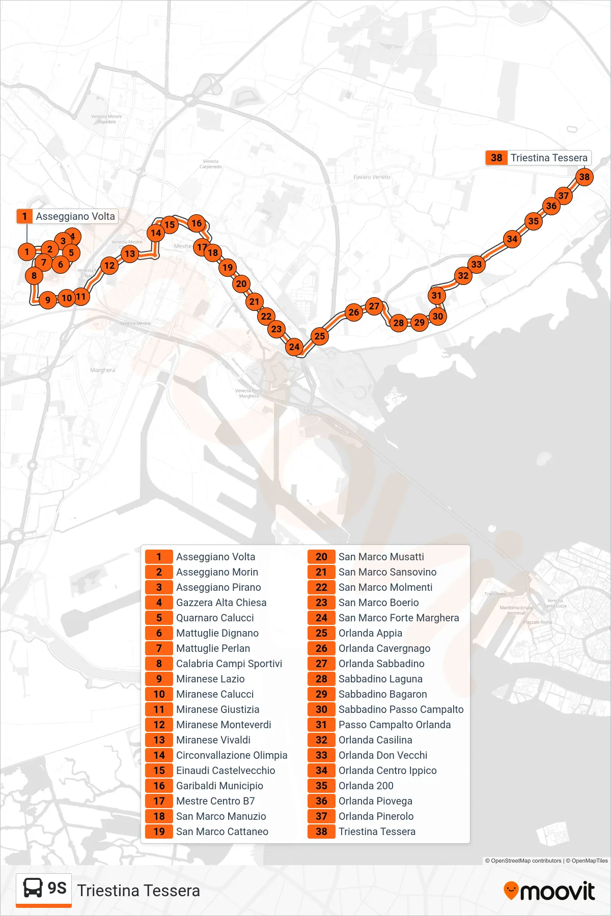 Linea 9S bus (Triestina Tessera) - Percorsi e fermate sulla mappa